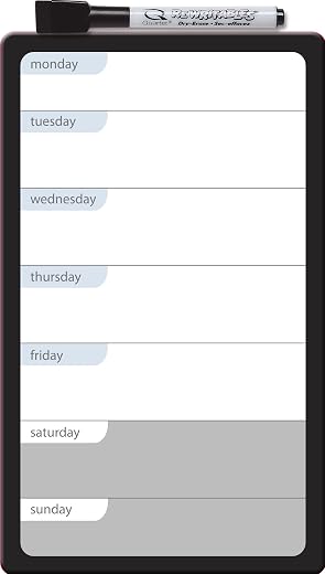 Black weekly dry-erase planner labeled Monday through Sunday with a marker resting on top