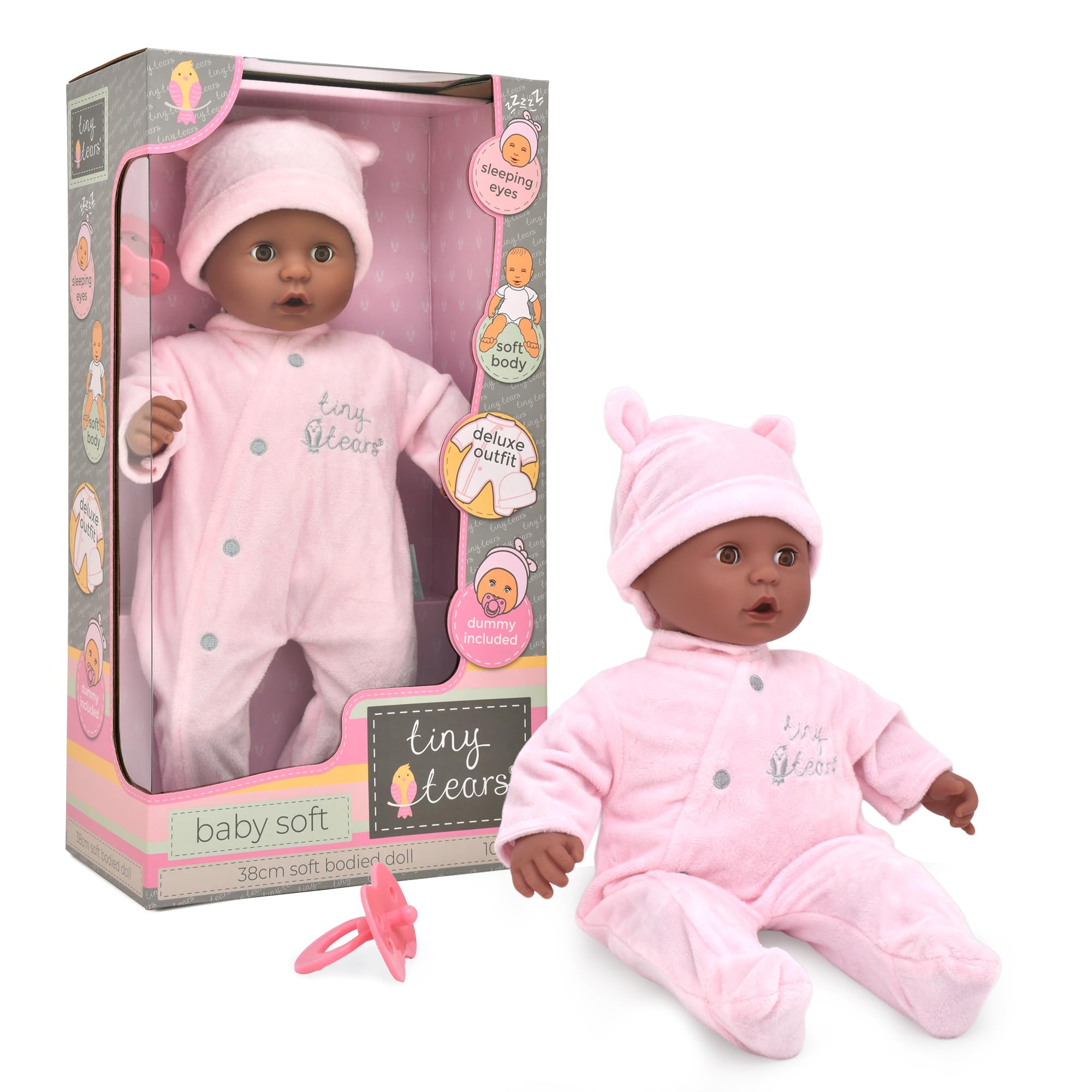 John Adams Tiny Tears Baby Soft Doll 15" (38 cm) - Black/Dark Skin | Soft Bodied Baby with Closing Eyes & Dummy | Deluxe Pink Outfit | Cuddly First Doll Set | Toy for Toddlers Age 10 Months+
