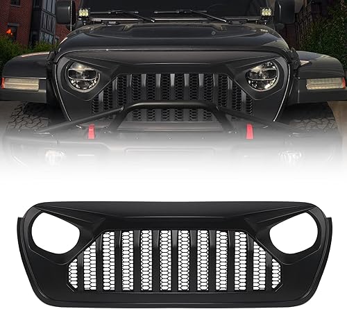 DKMGHT Parrilla delantera con rejilla para Jeep Wrangler JL JLU 2018, 2019, 2020, 2021, 2022 y Jeep Gladiator JT (negro mate)