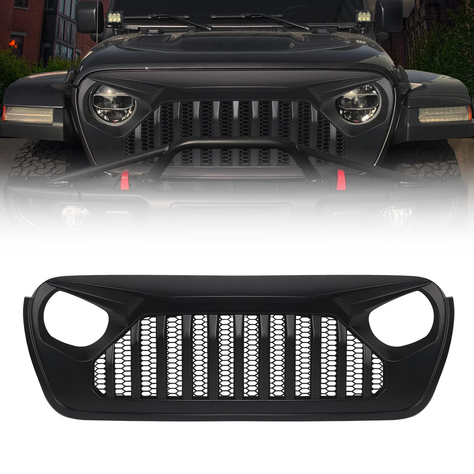 Photo 1 of DKMGHT Front Grill with Grille For Jeep Wrangler JL JLU 2018, 2019, 2020, 2021, 2022 & Jeep Gladiator JT (Matte Black Fury) JL2018+ Fury Matte Black
