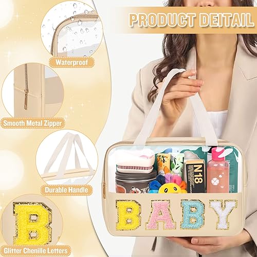 Miniatura 3 de izuzta Bolsas de maquillaje transparentes con letras de chenilla, bolsa de maquillaje preppy con asa, BEBÉ-Beige, Moda