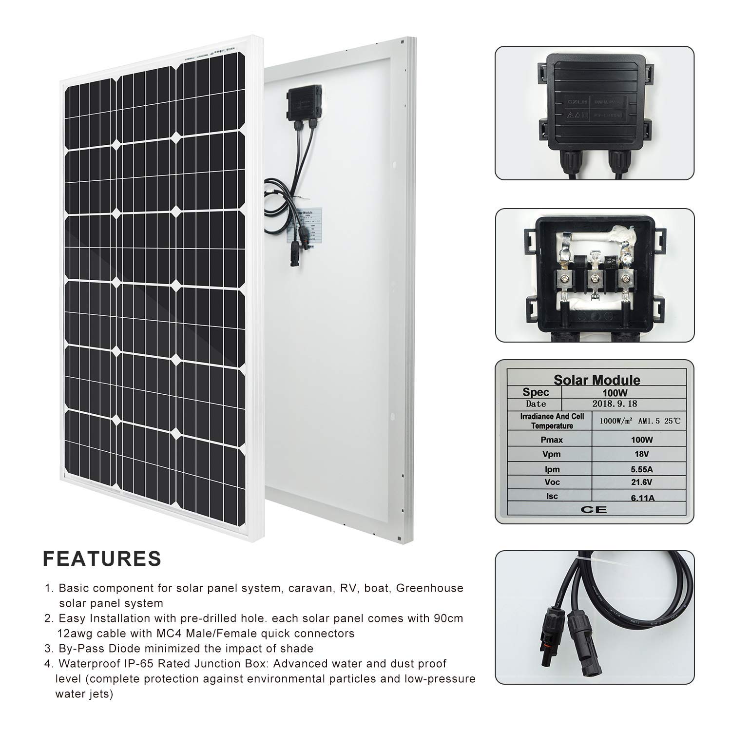 ECO-WORTHY - Pannelli solari monocristalini portatili da 200 W (2 pezzi da 100 W) da 18 V, batteria da 12 V, per camper, barca, camper
