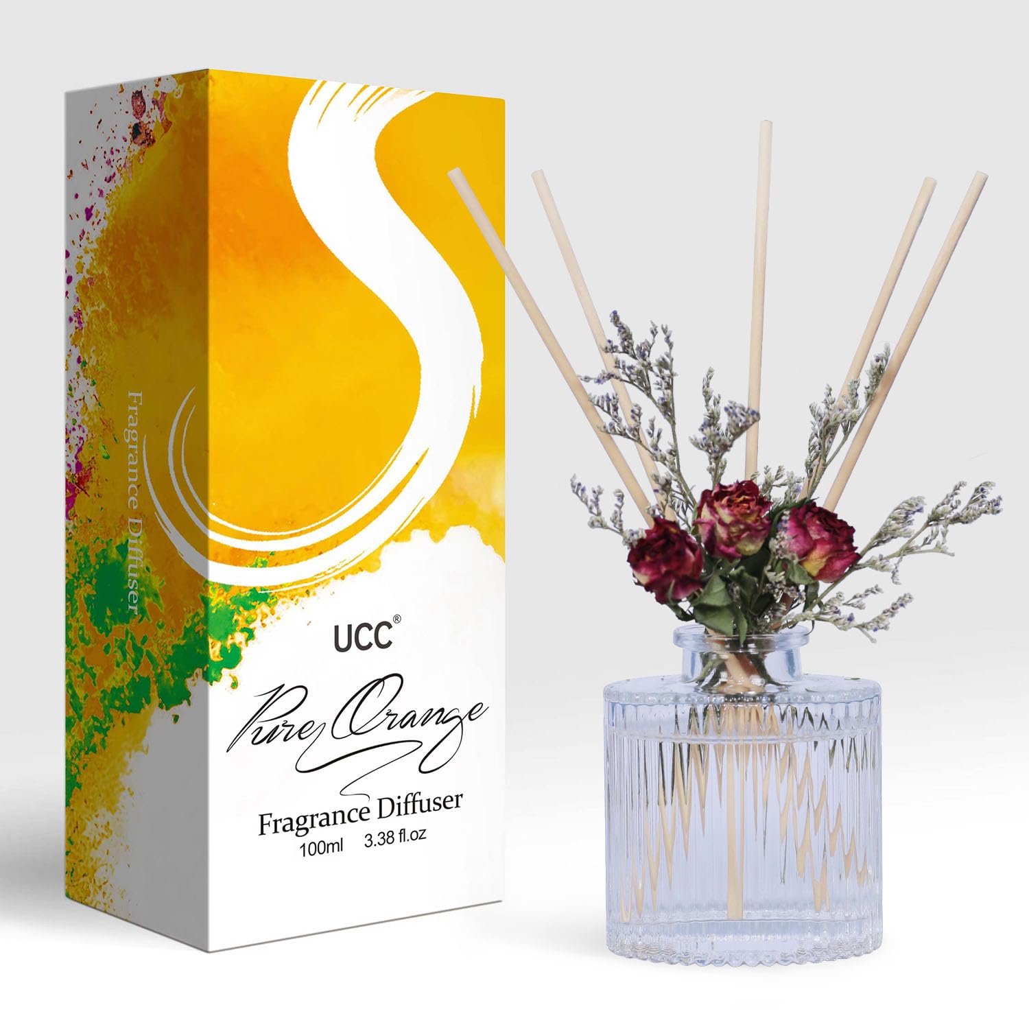 UCC Reed Diffuser Set, 3.38 oz Pure Orange Premium Scented Diffuser with Flower Sticks Home Fragrance Reed Diffuser for Bathroom Shelf Decor