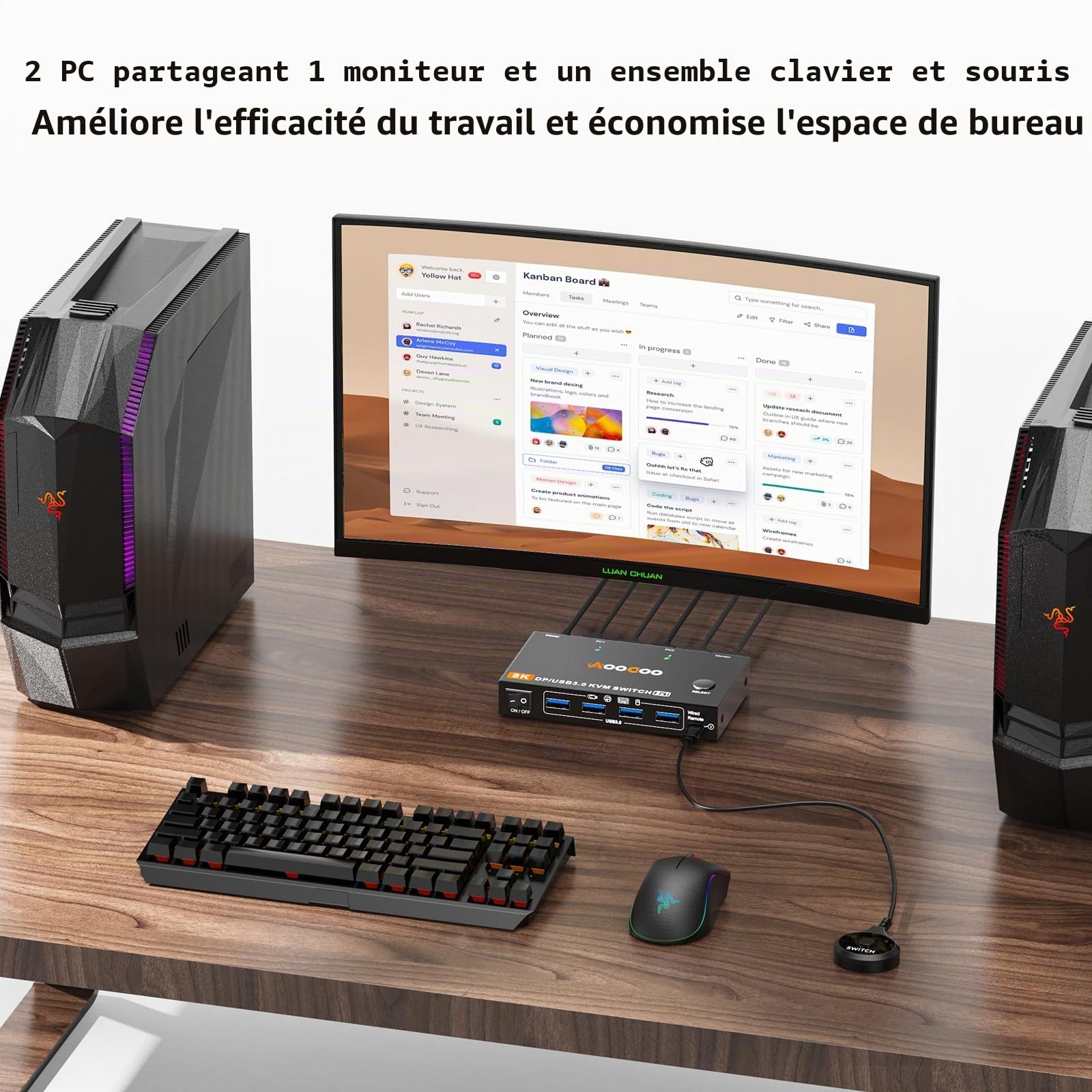 Commutateur KVM DP1.4 2 PC 1 moniteur 8K à 60 Hz/4K à 240 Hz Commutateurs KVM télécommande filaire Câble USB 3.0 inclus