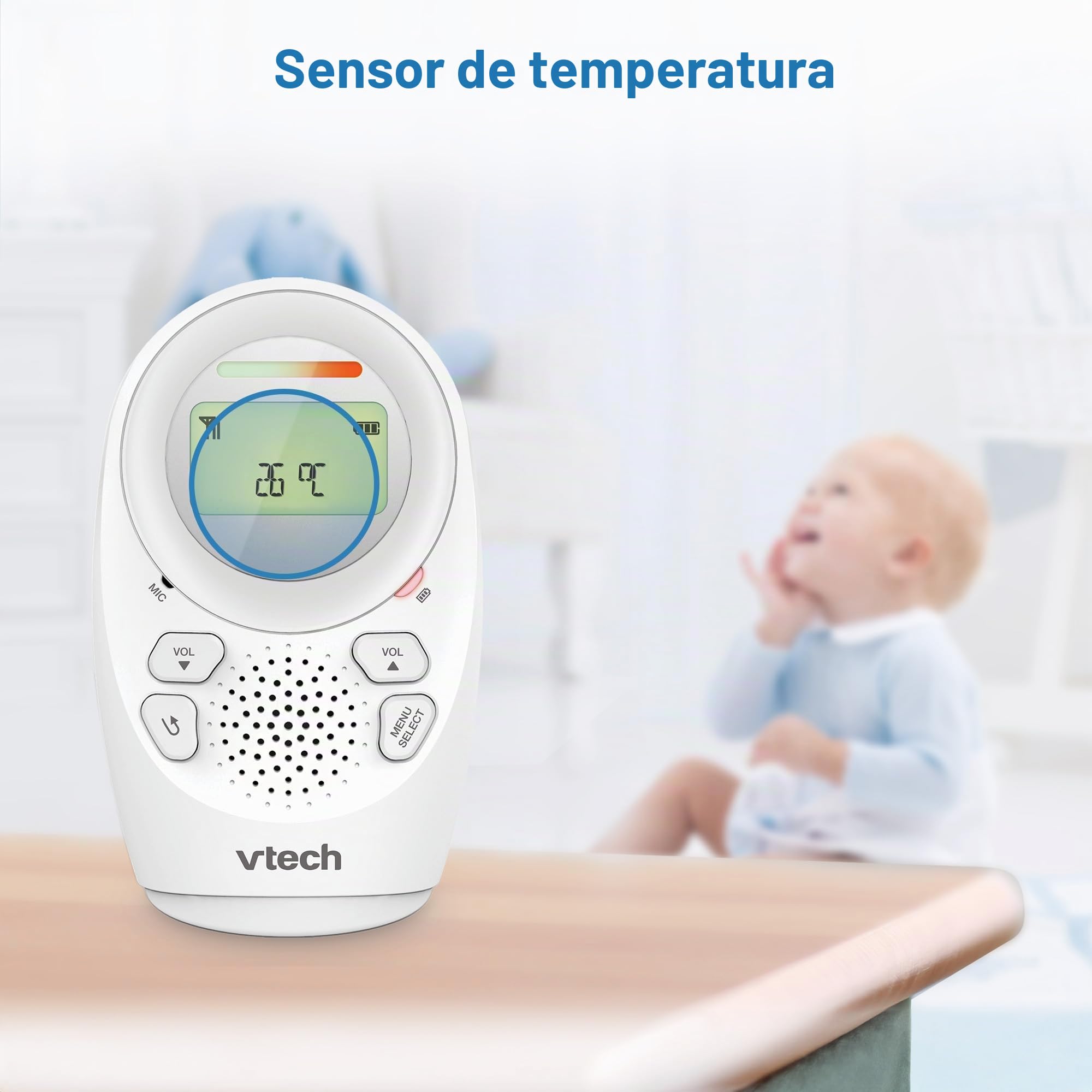 VTech DM1211 Monitor de Audio para bebé, Largo Alcance, Monitor de bebé con conversación bidireccional, Pantalla de Nivel de Ruido, Sensor de Temperatura, Sonidos relajantes, Clip para cinturón de