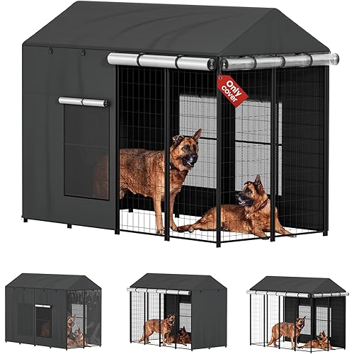 Outdoor Dog Kennel Cover for Dog Cages 8'D x 4'W x 6'H Full Coverage, 1200D Heavy Duty Silver-Coated Interior Waterproof Enclosure Covers with Mesh Windows, (Cover Only)
