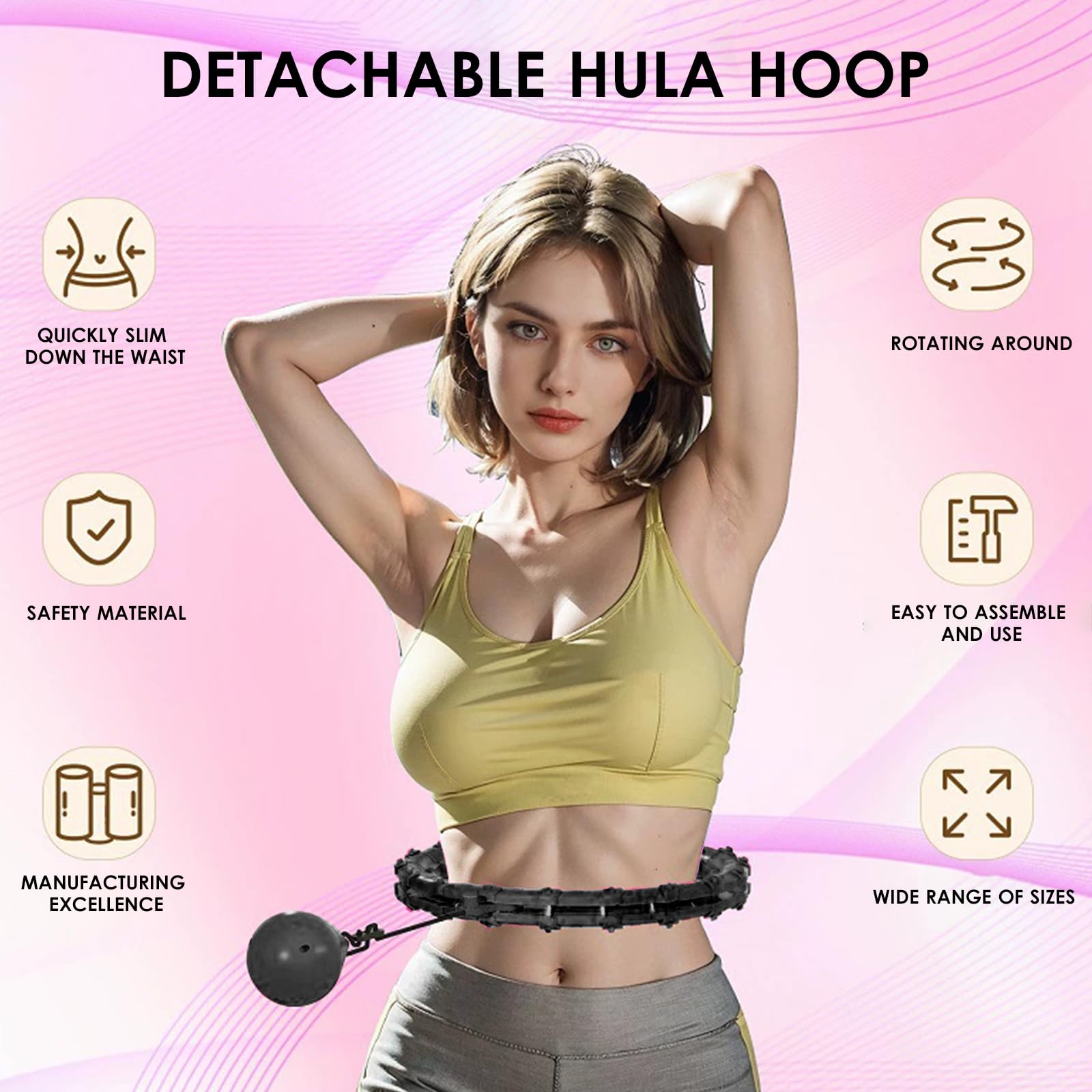 Smart Hula Hoop - Pneumatico per adulti con peso a sfera, 32 nodi (57 – 165 cm), regolabile, per il fitness, silenzioso, per la dimagrimento, per la perdita di peso, fitness, inferiore