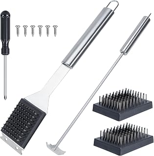 SIMPOR Grill Brush and Scraper, 16" Wire BBQ Grill Brush for Outdoor Grill | Stainless Steel Grill Cleaning Brush with 3 Replaceable Wire Brush Heads and Specialized Grate Bar Scraper, BBQ Grill Brush
