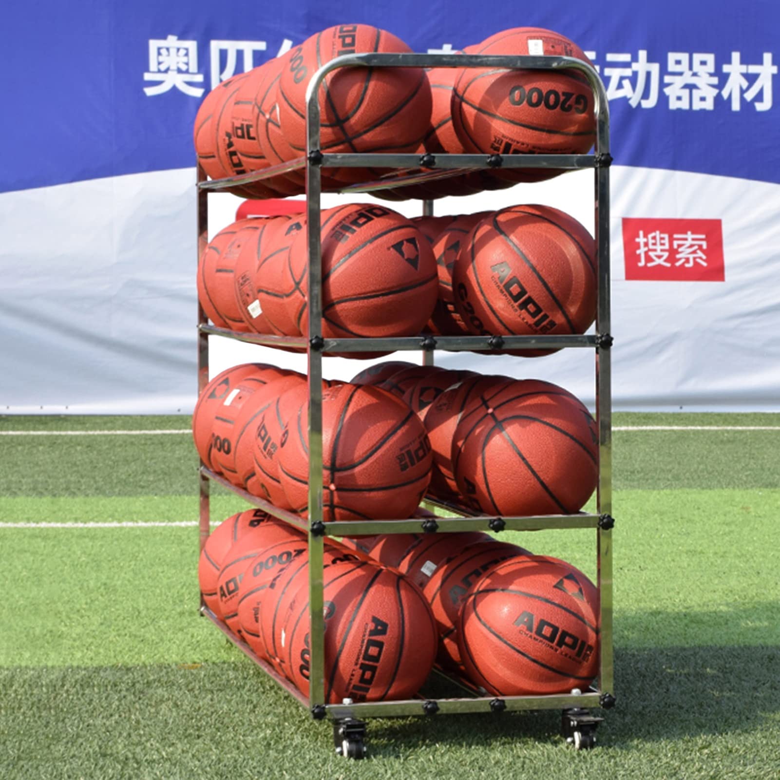 FAXIOAWA Dubbele Brede sportbalrekken Met wielen, 4-laags rollende basketbalopslagwagen roestvrij Staal, Garage School gymapparatuur organisator houder