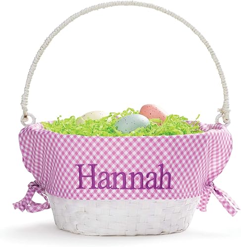 Cesta de huevos de Pascua personalizada con asa y nombre personalizado, forros de cesta de Pascua de guinga morada, cesta blanca, cestas de Pascua