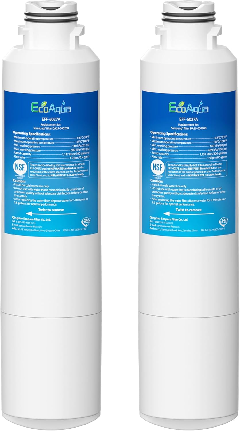 EcoAqua EFF-6027A Replacement Filter, Replacement for Samsung® DA29-00020B, DA29-00020A, HAF-CIN/EXP, 46-9101 Refrigerator Water Filter, 2 Pack
