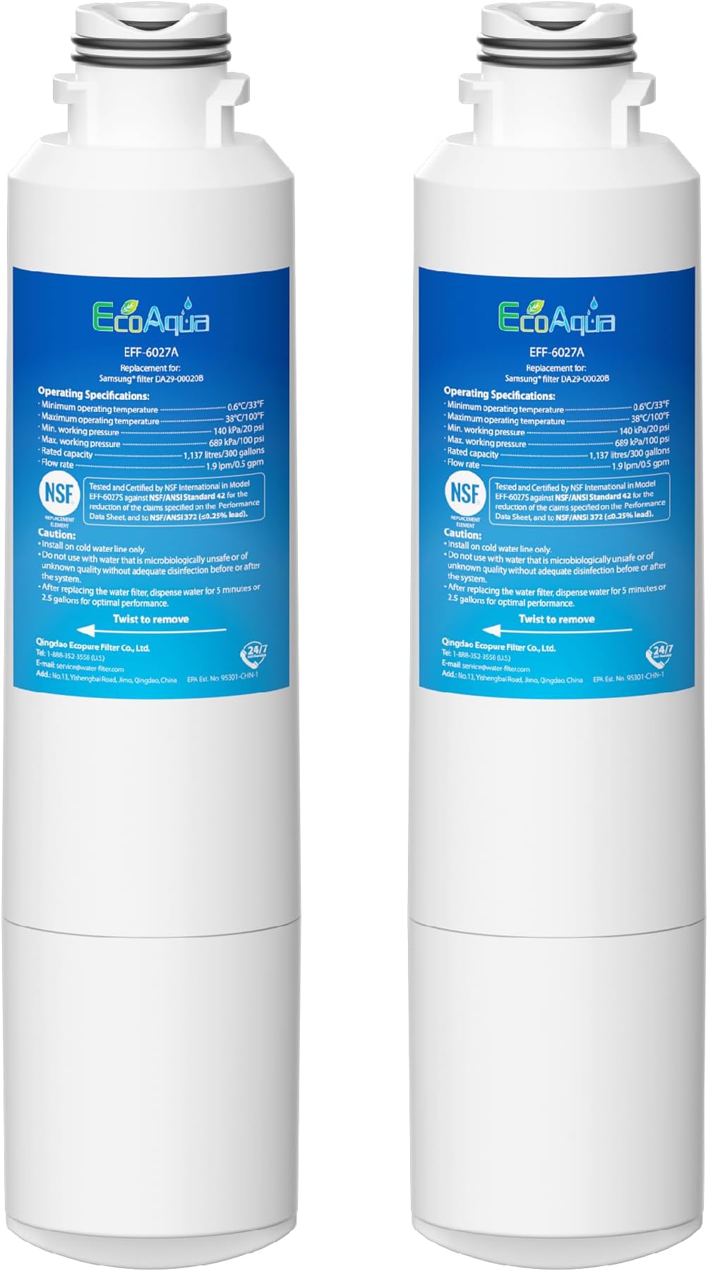 EcoAqua EFF-6027A Replacement Filter, Replacement for Samsung DA29-00020B, DA29-00020A, HAF-CIN/EXP, 46-9101 Refrigerator Water Filter, 2 Pack