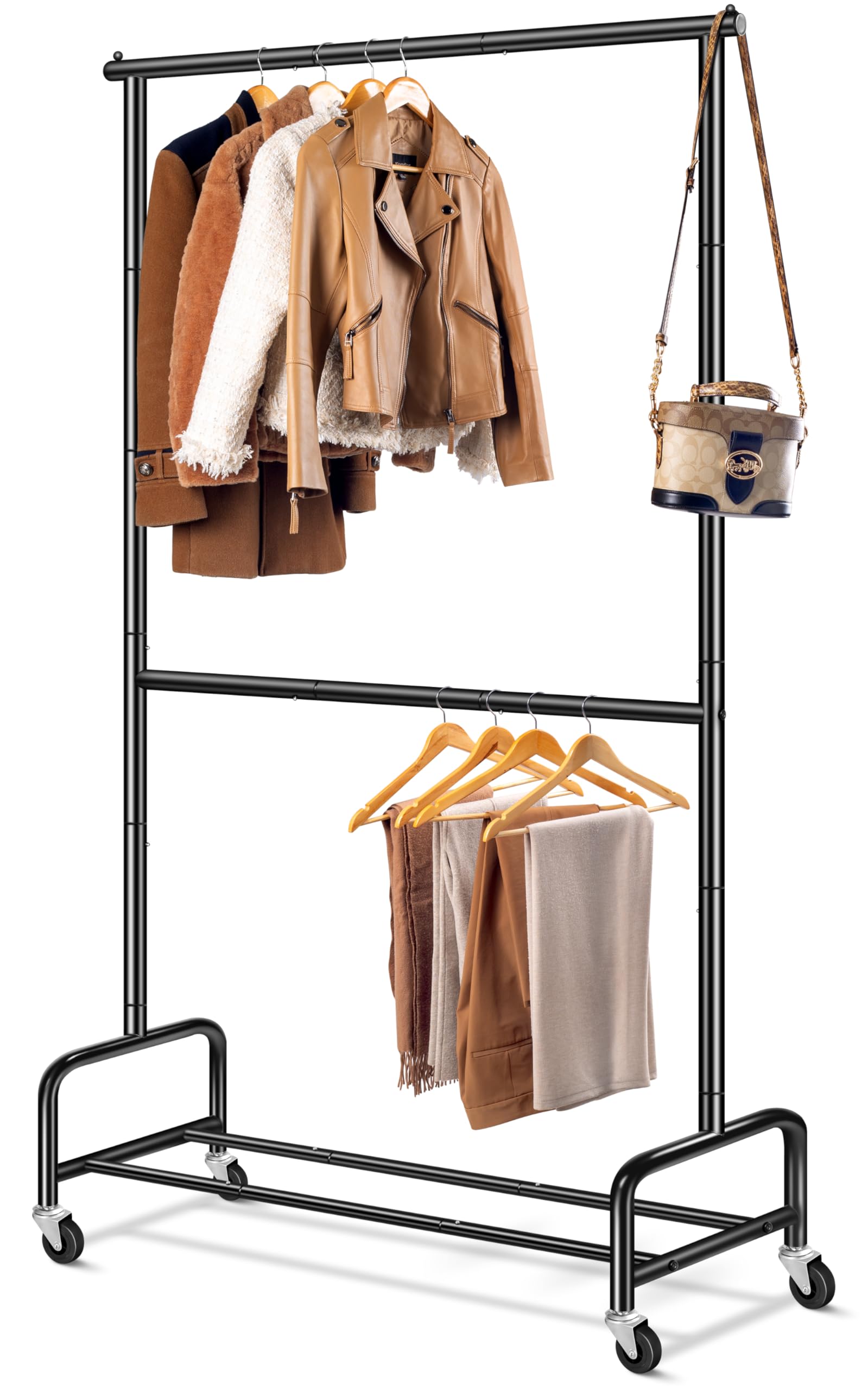 MISSLO Heavy Duty Clothing Racks for Hanging Clothes Rack Double Rod Garment Rack Rolling Closet Wardrobe Rack on Wheels, Metal, Adjustable, Black