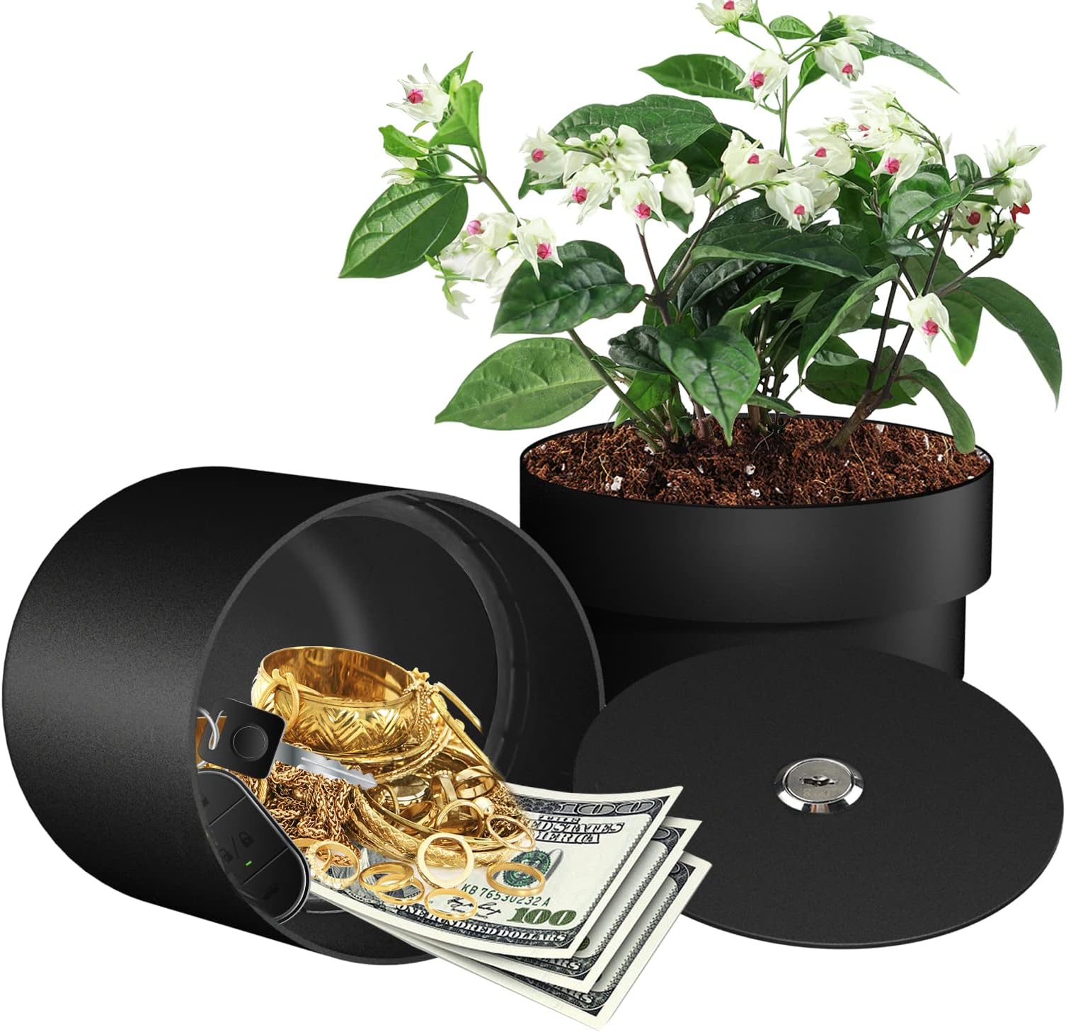 Iron Flower Pot Secret Compartment, Hidden Safe Compartment Lock Box Secret Hideaway Money, Keys and Other Valuables, Waterproof, Corrosion (Black)