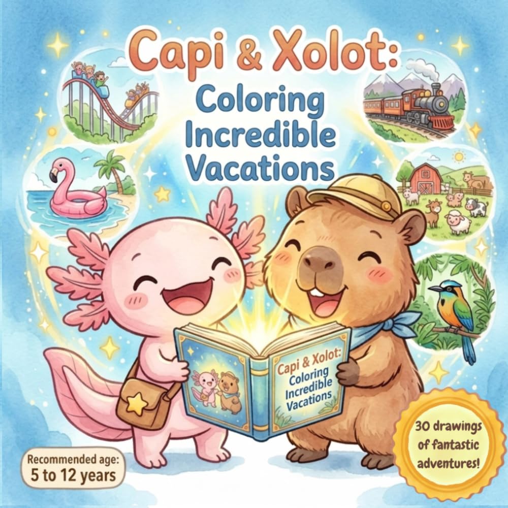 Capi & Xolot: Coloring Incredible Vacations: Cute Capybara and Axolotl Coloring Book for Kids | 37 Fun Animal Coloring Pages and Activities for Toddlers and Kids Ages 5-12