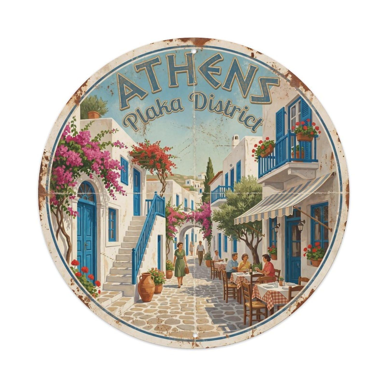 Vintage Travel Athens Plaka Neighborhood Metal Tin Sign Plaque