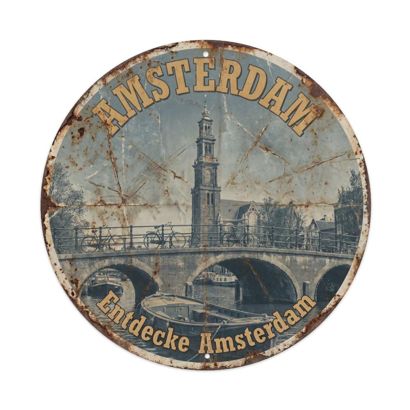 Amsterdam Westerkerk Canal Vintage Dutch Travel Landmark Metal Tin Sign Plaque Wall Decor for Cafe, Man Cave, Club Bar, Office, Home Garden Round Metal Poster 8x8Inch