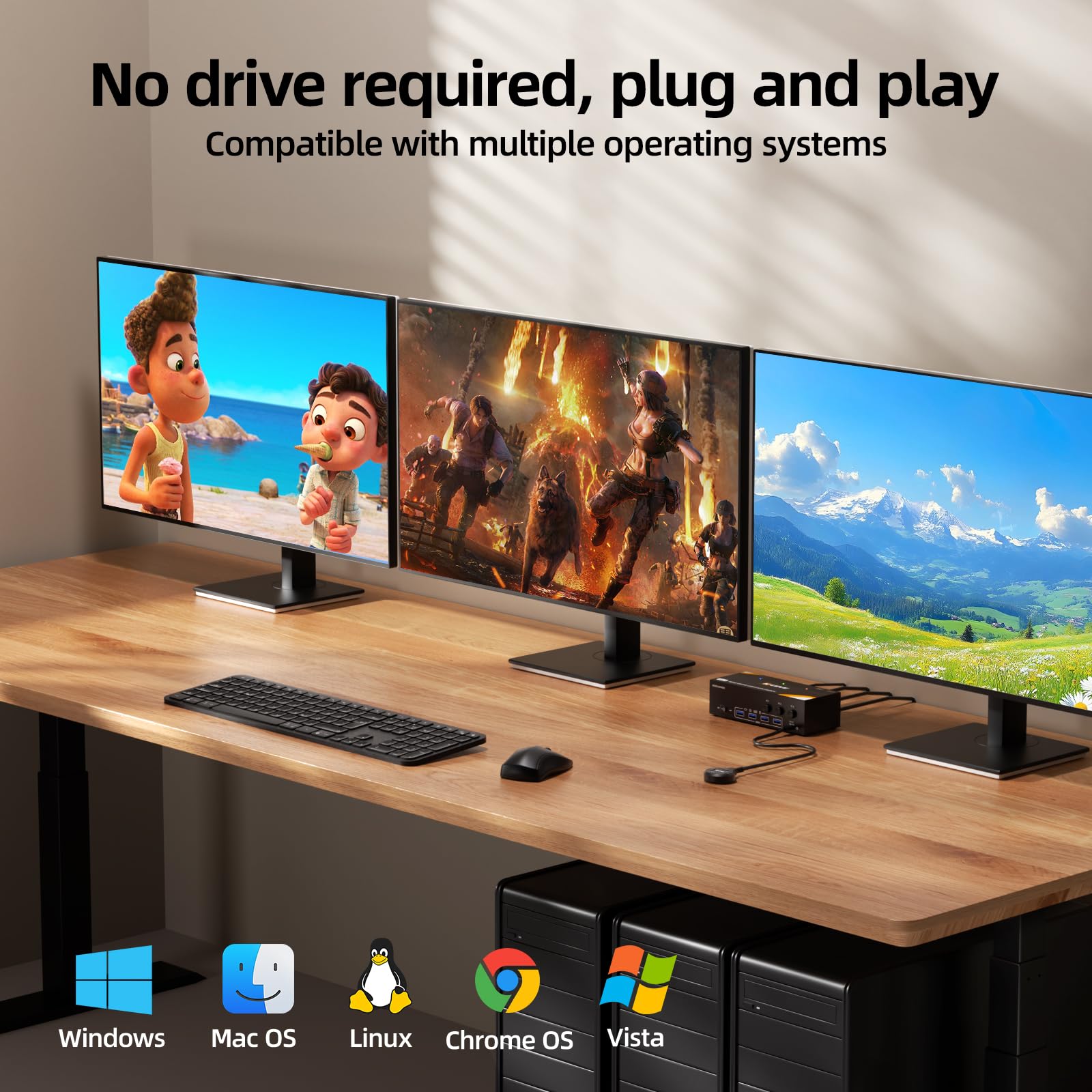 8K@60Hz KVM Switch 3 PCs 3 Monitore, 4K@120Hz HDMI DisplayPort KVM Switch drei Monitore, inklusive Netzteil, kabelgebundener Fernbedienung und USB 3.0-Kabel