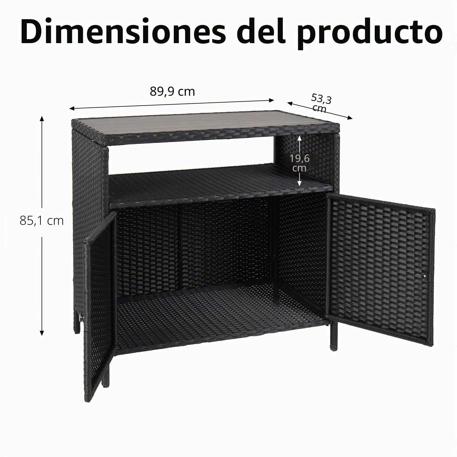 Armario De Almacenamiento Exterior De Ratán Con 2 Puertas y Estante Abierto, Mueble De Exterior Con Encimera De Madera, Aparador De Mimbre Resistente a La Intemperie Para Patio y Jardín 90x53x85cm