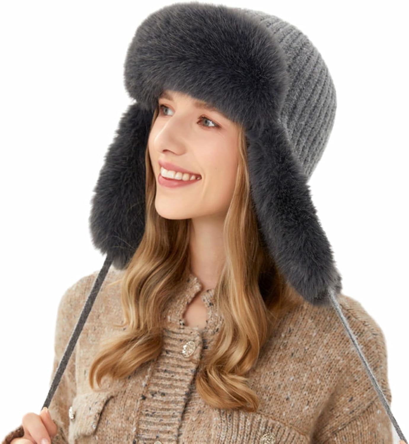 TOP-EX XL/XXL Winter Waterdichte Trapper Hoed Faux Lederen Aviator Pilot Cap Warm Fleece Gevoerde Hoeden voor Mannen Vrouwen Faux Bont Hoed met Oorkleppen Koud Weer Hoed Winddicht, Zwart, L-XL