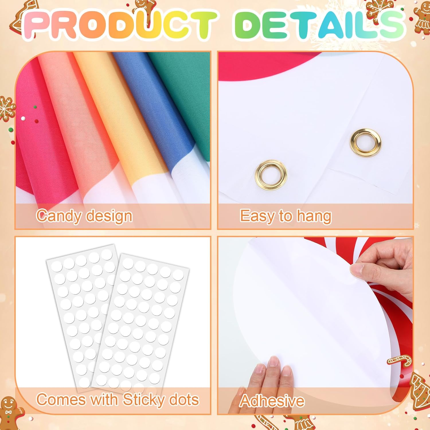 16 Pcs Christmas Gingerbread House Decoration 52 x 11.8 Inch Gingerbread House Banner Front Door Cover with Candy Sticker for Christmas Arch Candy Outdoor Party Yard Decor