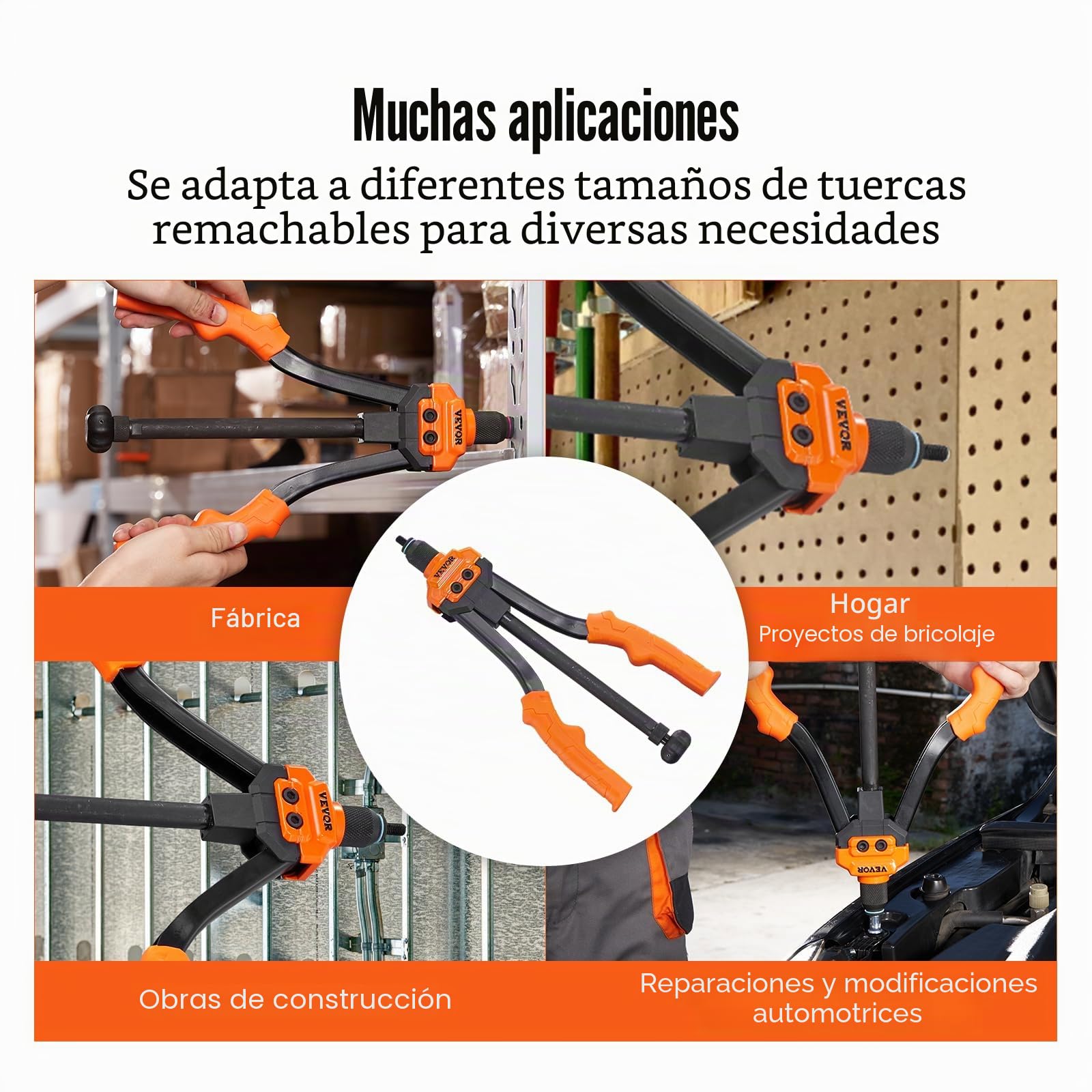 VEVOR Remachadora Manual de Tuerca de Remache Alicates de Inserción Roscada de 35cm con 7 Mandriles 70 Tuercas de 7 Tamaños Herramienta de Remachado con Estuche Portátil para Construcción de Bricolaje