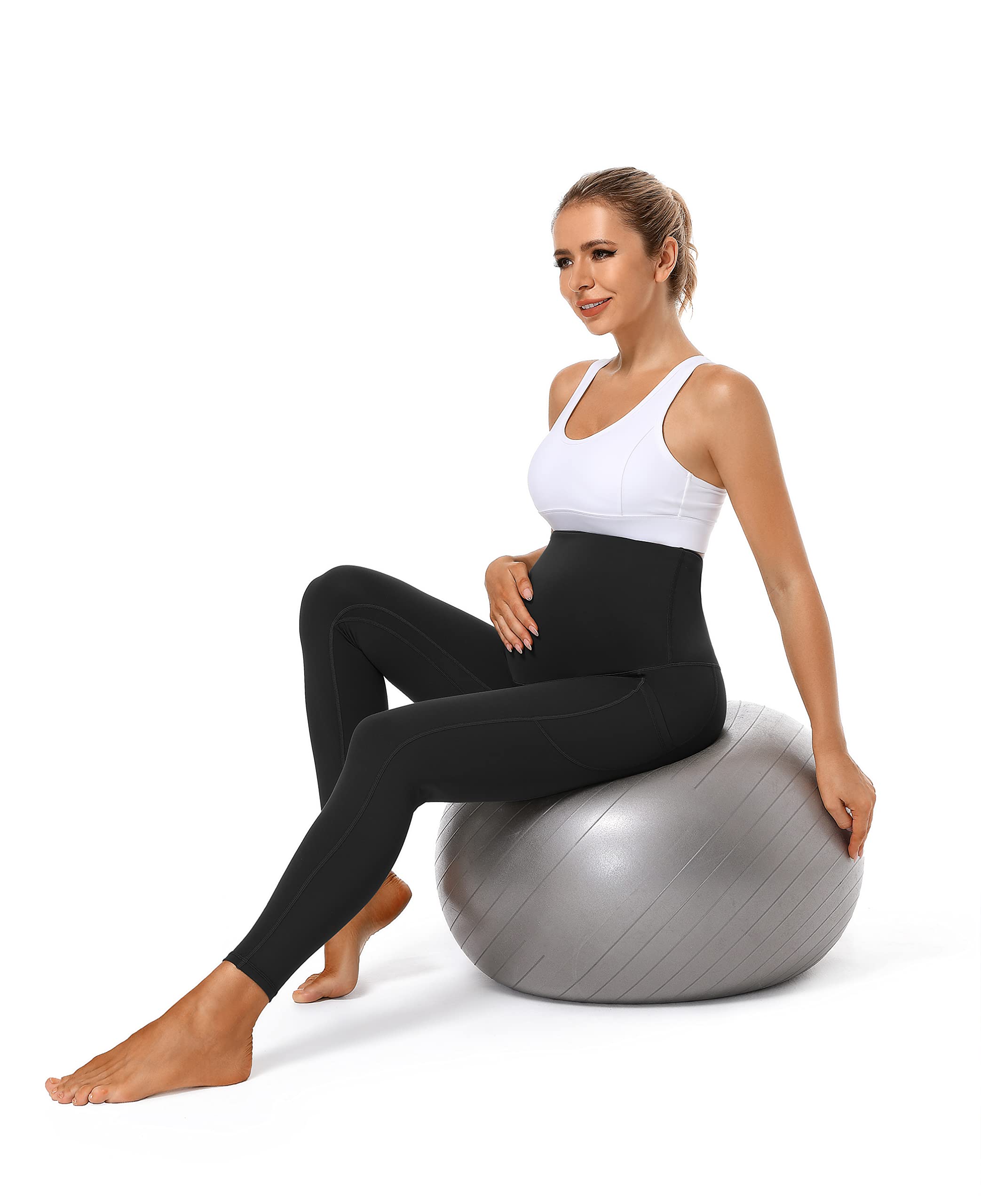 Foucome Women's Maternity Fleece Lined Leggings with Pockets Over The Belly Pregnancy Winter Warm Workout Yoga Pants