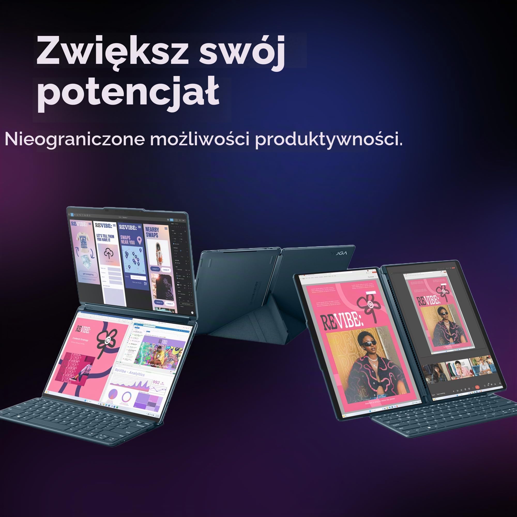 Lenovo Yoga Book 9 Notebook 13,3" ekran dotykowy 2,8K (2880 x 1800) OLED, Intel Core Ultra 7 155U, pamięć RAM 32 GB, 1 TB SSD, Windows 11, Digital Pen 3 + Yoga Slim Mouse + stojak na kółkach - Tidal