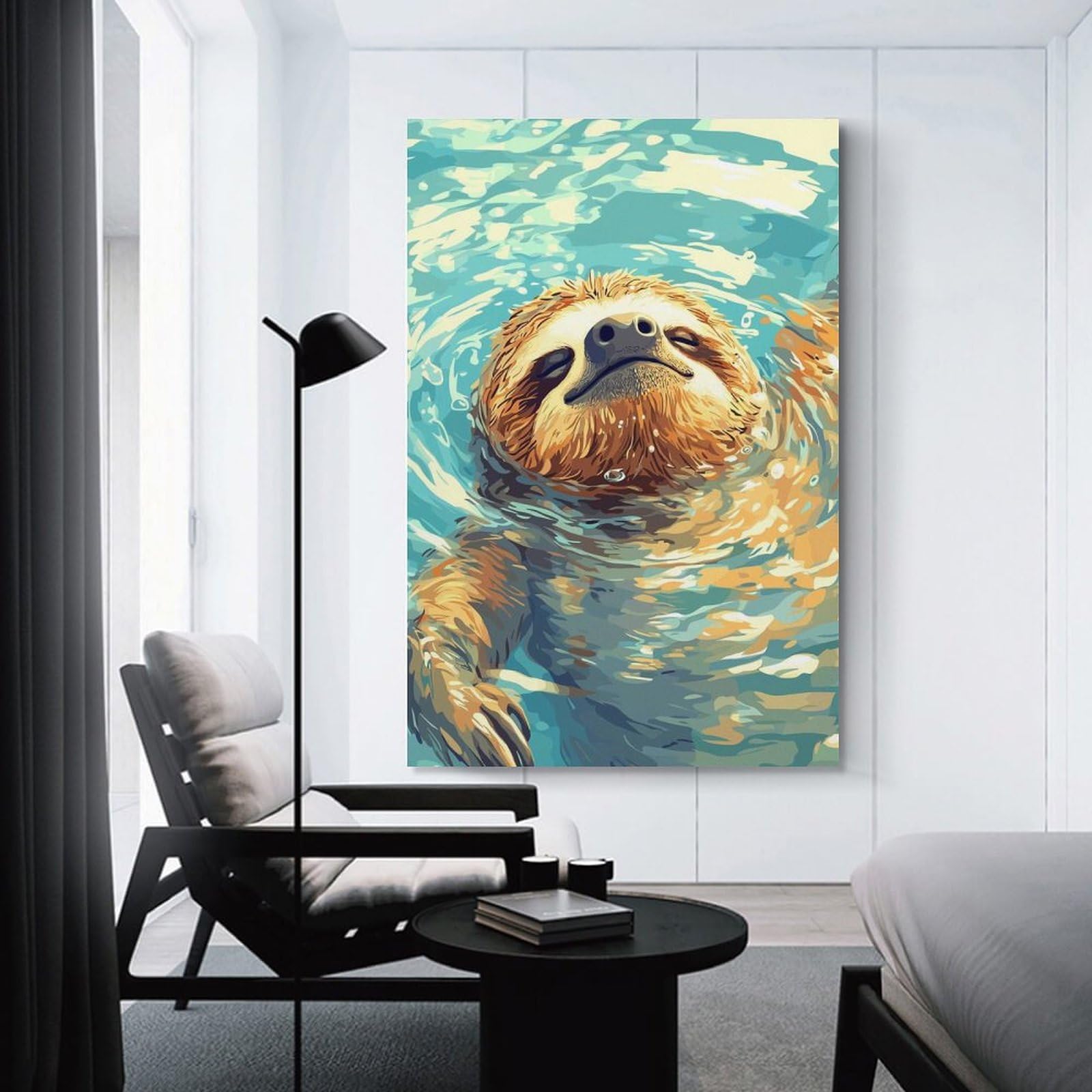 Junmoney Sloth Swimming in Blue Water Canvas Art Print, 20x30inch(50x75cm), for Restful Interiors, Bedrooms Or Small Rooms, A Warm Accent for Relaxed Interiors