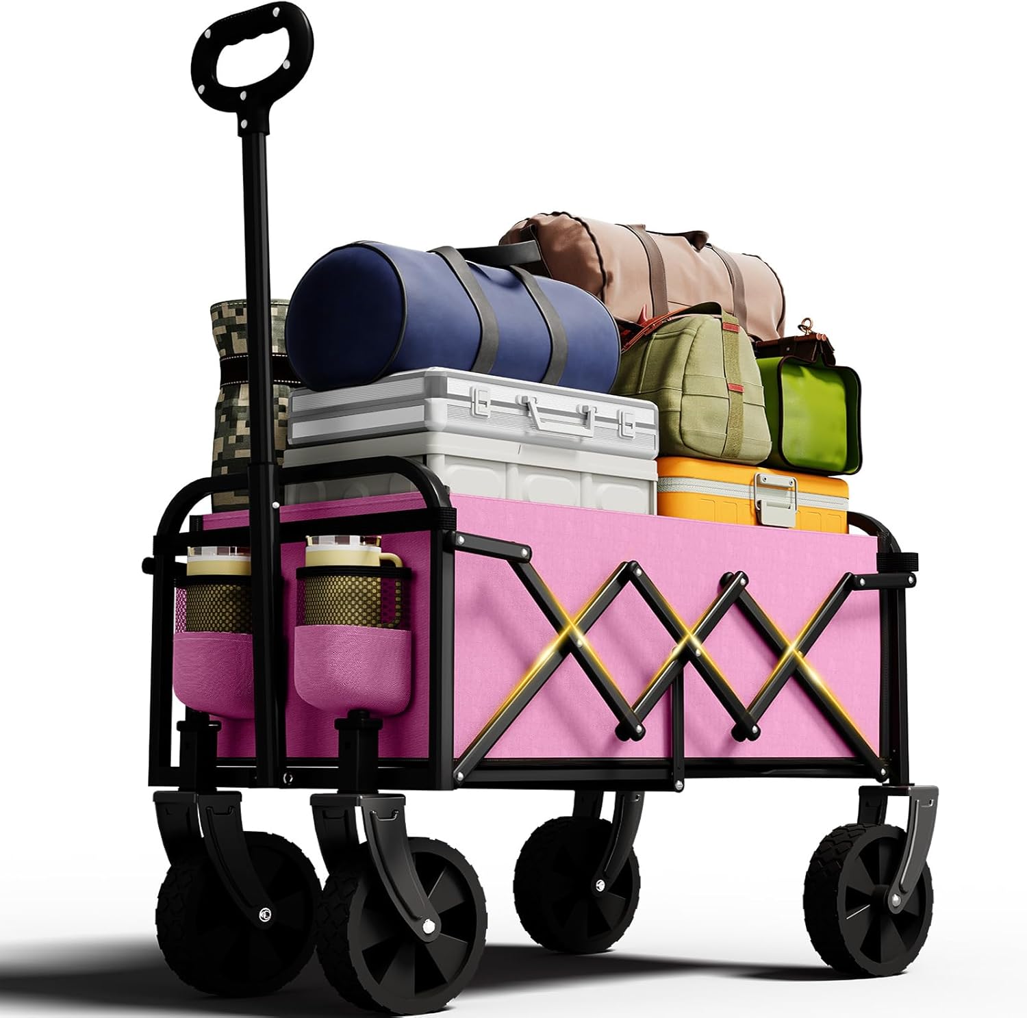 Collapsible Wagon with Wheels, Wagons Carts Foldable, Lightweight Portable Utility Shopping Cart, 360lbs Folding Grocery Wagon Carts with Flexible Handle, for Camping, Shopping, Garden, Sports