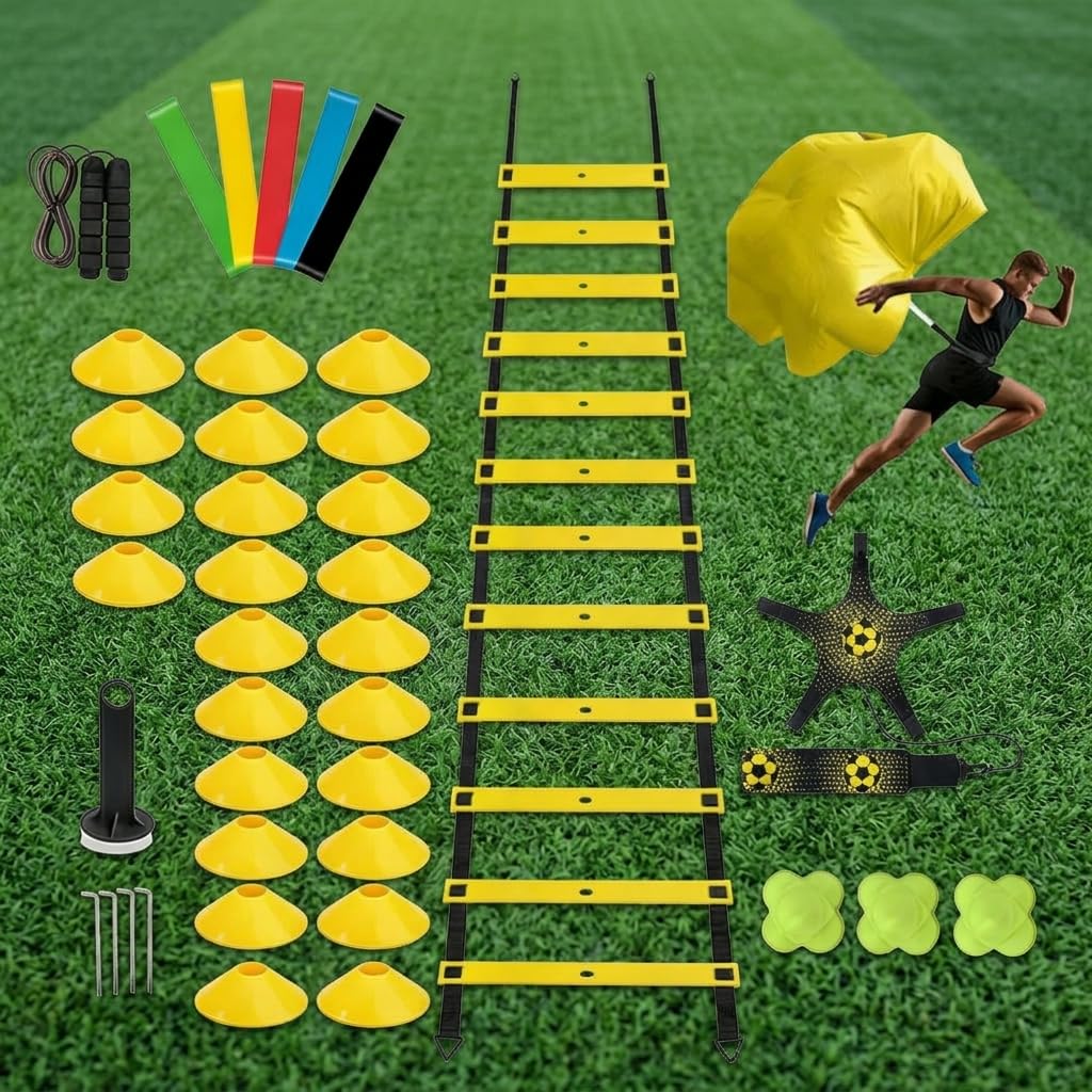 Set Completo Agilità Calcio, Attrezzatura Allenamento Velocità con Cinesini, Coni, Paracadute e Borsa Trasporto