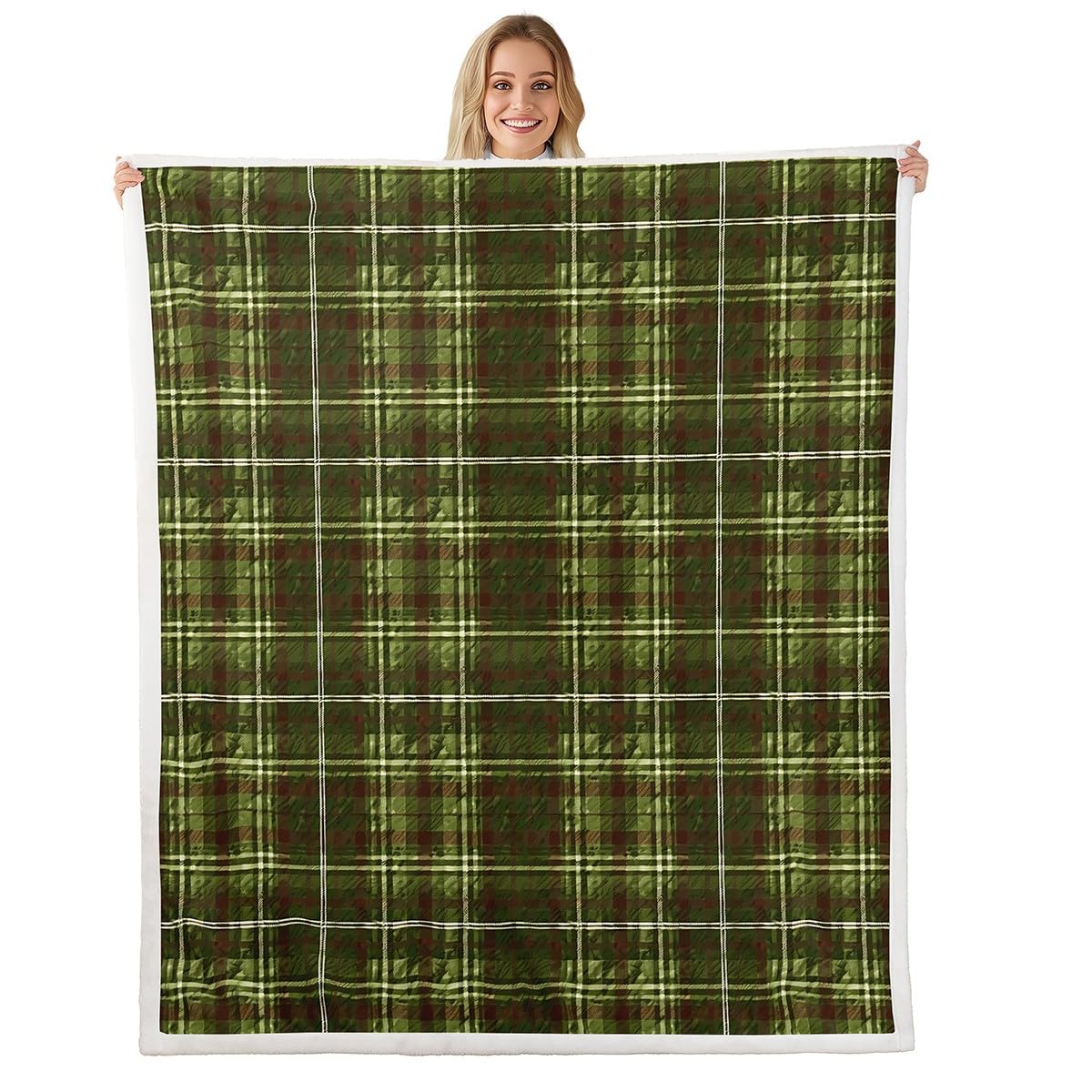 Manfei White Geometric Line Fleece Blanket,Green Brown Plaid Patchwork Throw Flannel Blanket for Room Decor,Retro Grid Lightweight Blankets for Sofa