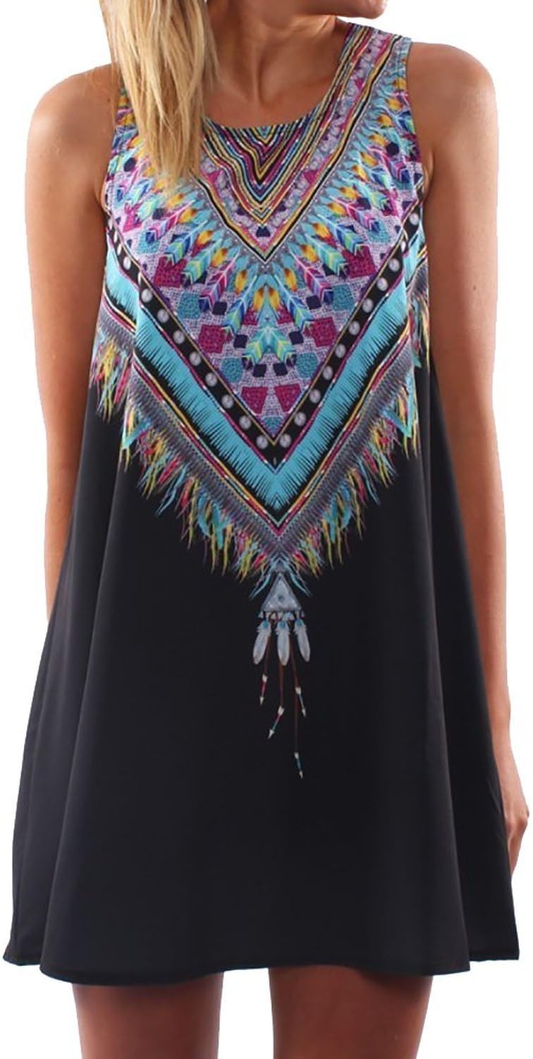 Women's Sexy Sleeveless Boho Flower A Line Beach Dress Black L