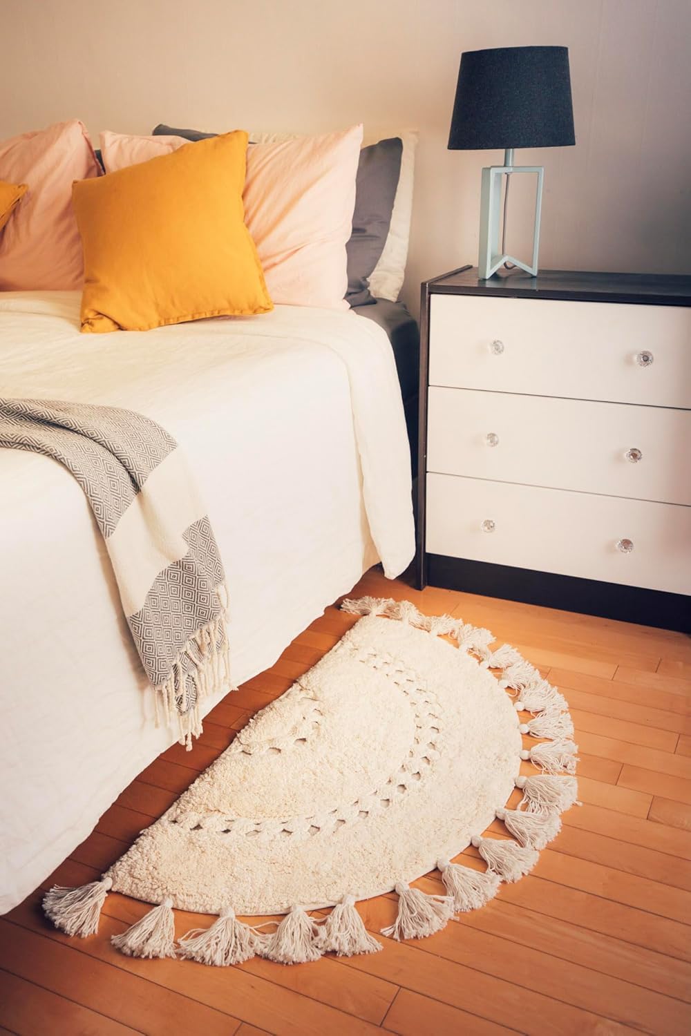 Pack of 2 Unique Boho Rug - Half Circle Rug with Crochet Insert Detail & Tassels -100% Cotton Boho Bathroom Rugs -Decorative Non-Slip Bohemian Rug for Bath & Bedroom - Cute Boho Decor - Cream