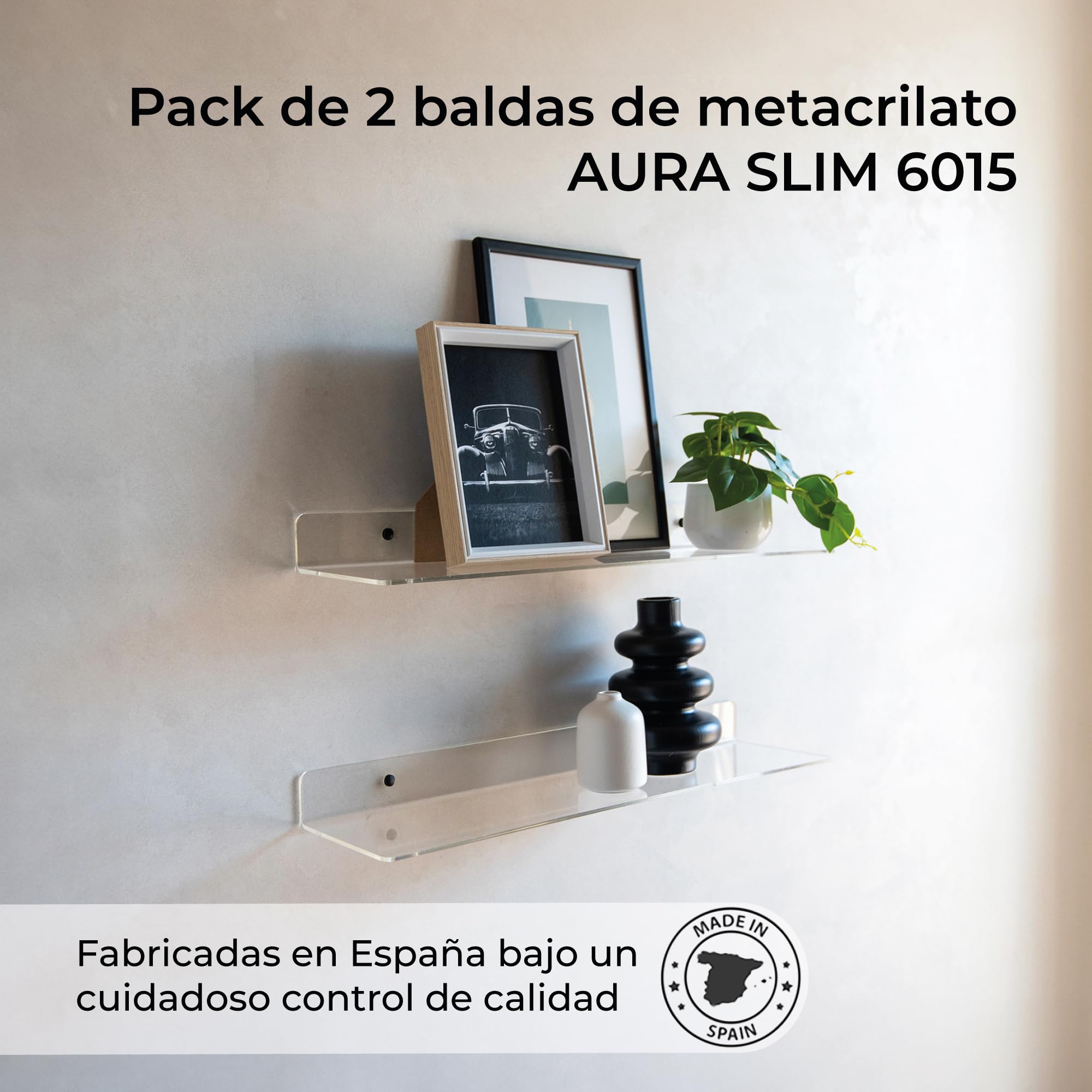 MILUKA Repisas de Pared en Metacrilato Transparente 60 x 15 cm (Pack 2) | Estante flotante de acrílico resistente, Baldas Invisibles Efecto Cristal | Repisas Decorativas para Libros, Fotos y Plantas