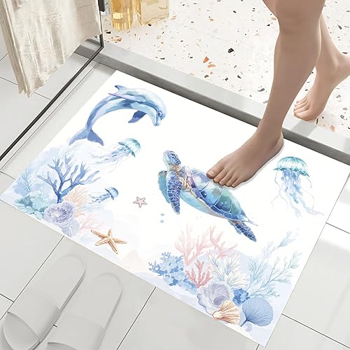 Watercolor Marine Animals Indoor Outdoor Doormats Blue Sea Turtles Dolphins