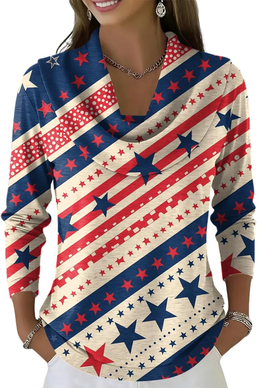 Women's American Flag Shirts, 4Th of July Shirt, Long Sleeve Asymmetrical Neck Patriotic Tops, S-2XL