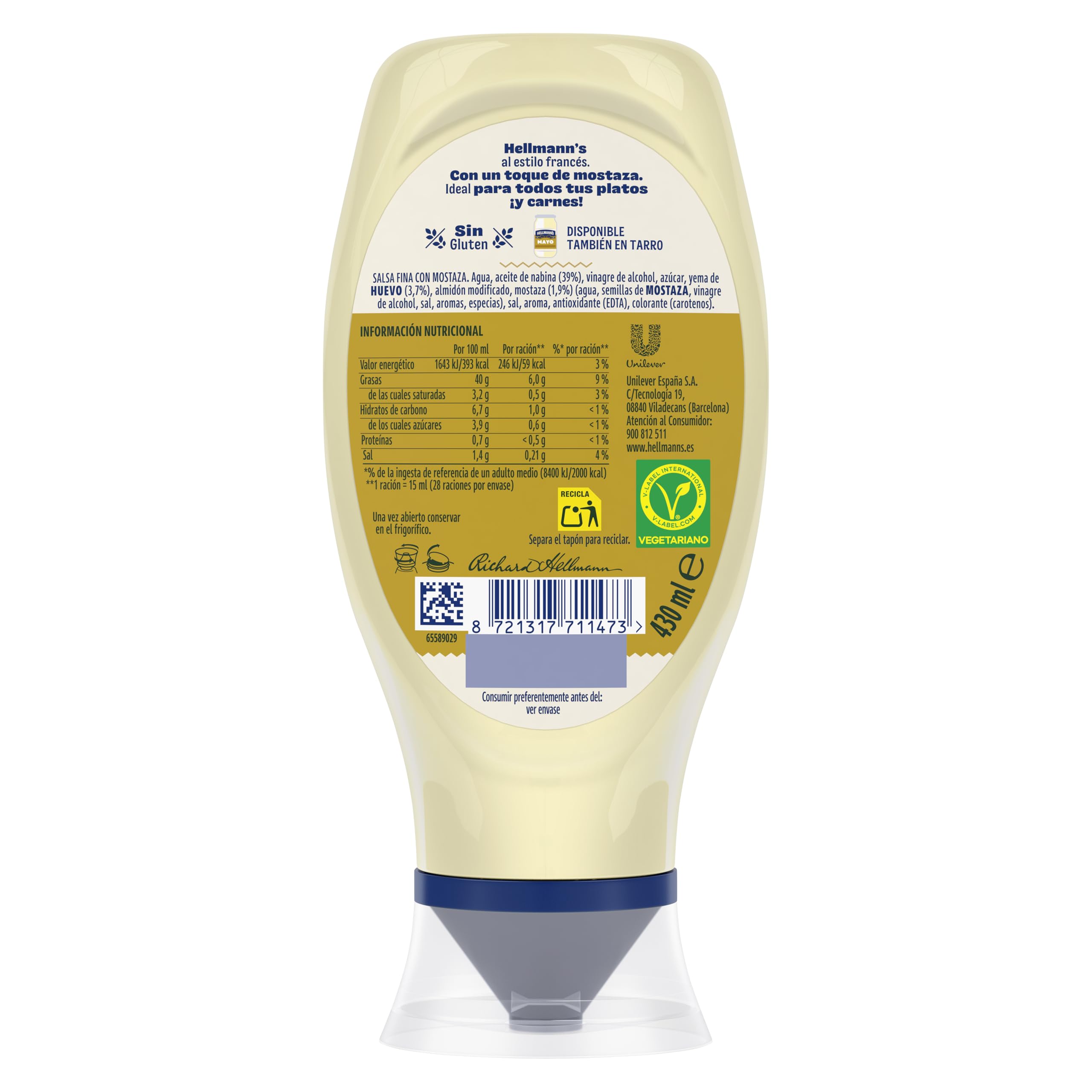 Hellmann's Salsa Francesa Mayonesa Estilo Francés Botella Boca Abajo 430 ml