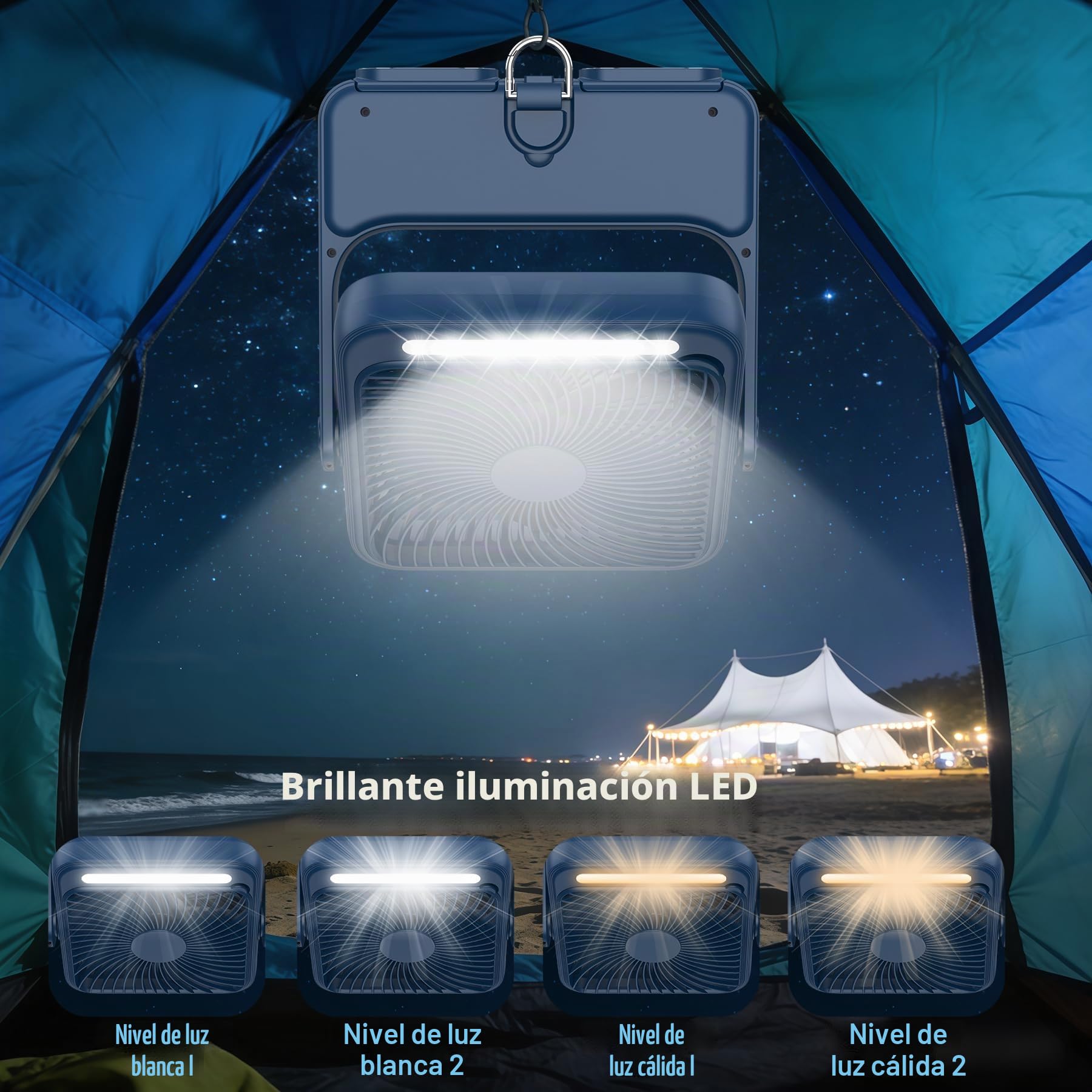 Ventilador Portatil 20000mAh Camping Ventilador USB con Luz LED,4 Velocidades,12-43 Horas de Funcionamiento,Pantalla Inteligente,Bajo Ruido, para Oficina/Hogar/Viajar/Acampar (Azul)