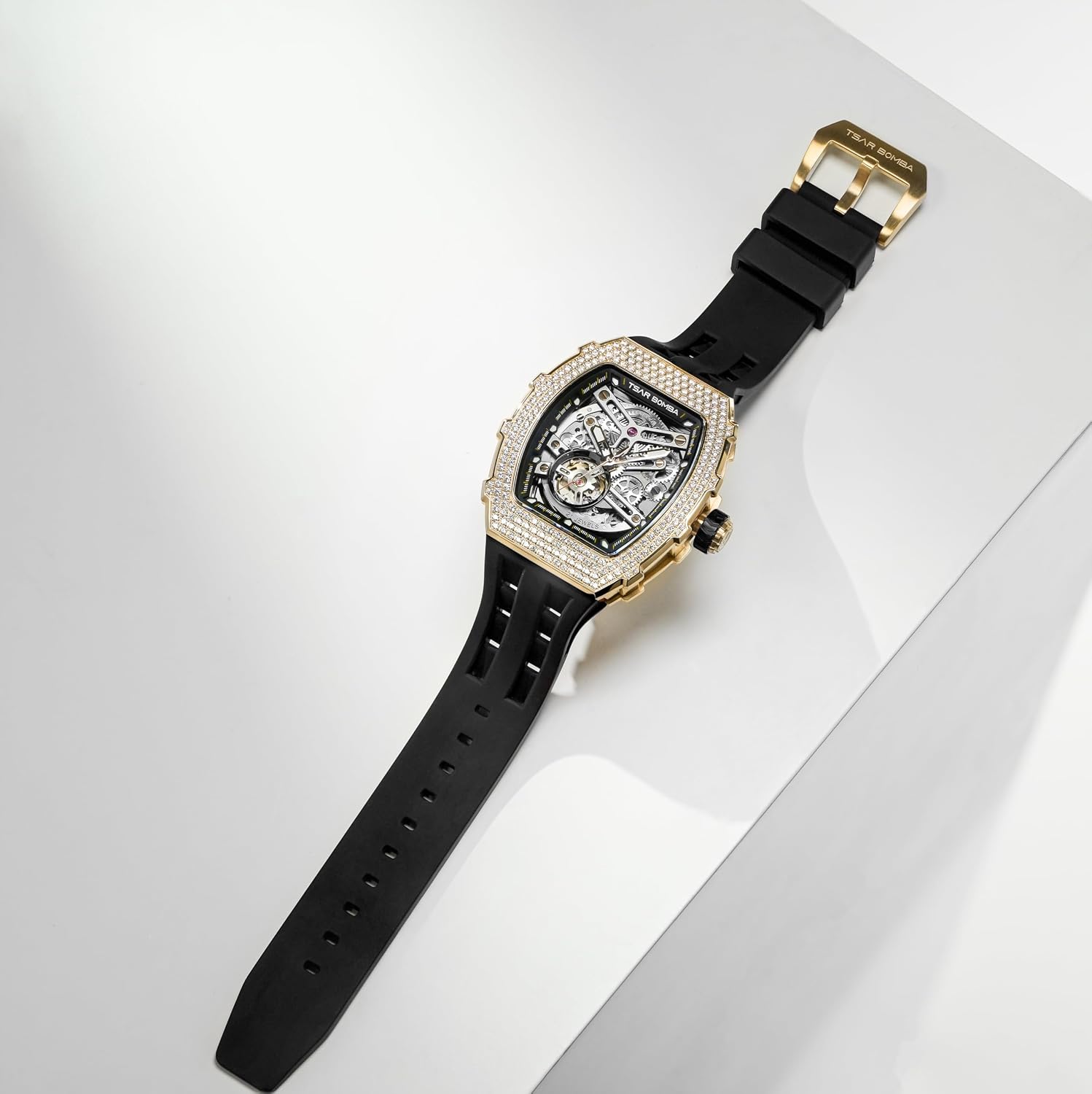 TSAR BOMBA Men's Automatic Watch Luxury Skeleton Watches for Men Mechanical 50M Waterproof Analogue Tonneau Watches Mens Unique Cool Square Big Face Dial Wristwatch Gift for Men