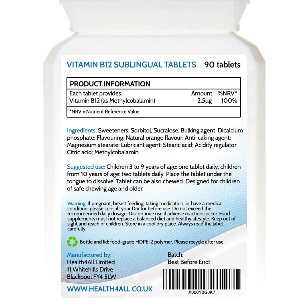 Kids Vitamin B12 2.5mcg Sublingual 90 Tablets (V) Vegan Methylcobalamin Chewable Tablets for