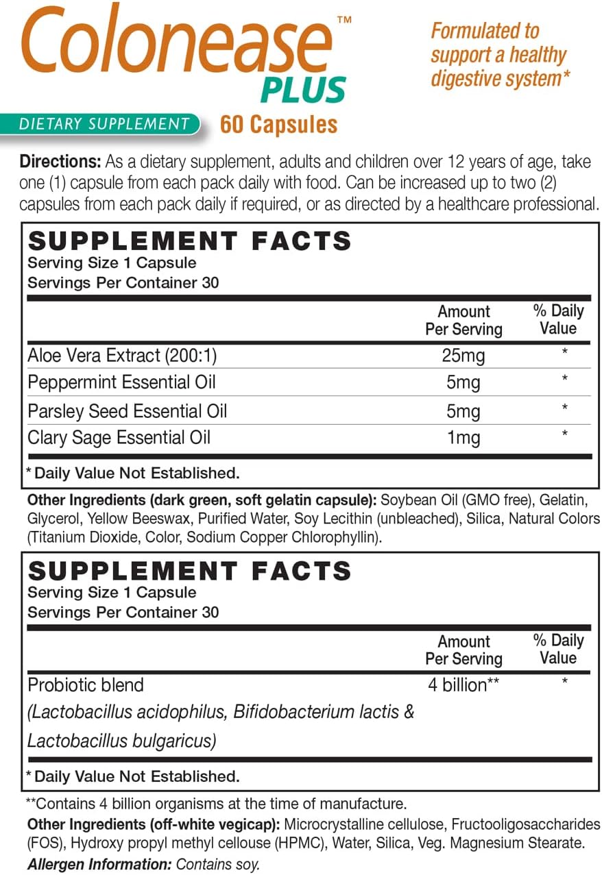 HealthAid ColonEase Plus – Herbal Digestive Support with Probiotics | Aloe Vera, Peppermint Oil, Clary Sage Oil & Parsley Seed | 60 Vegetarian Capsules