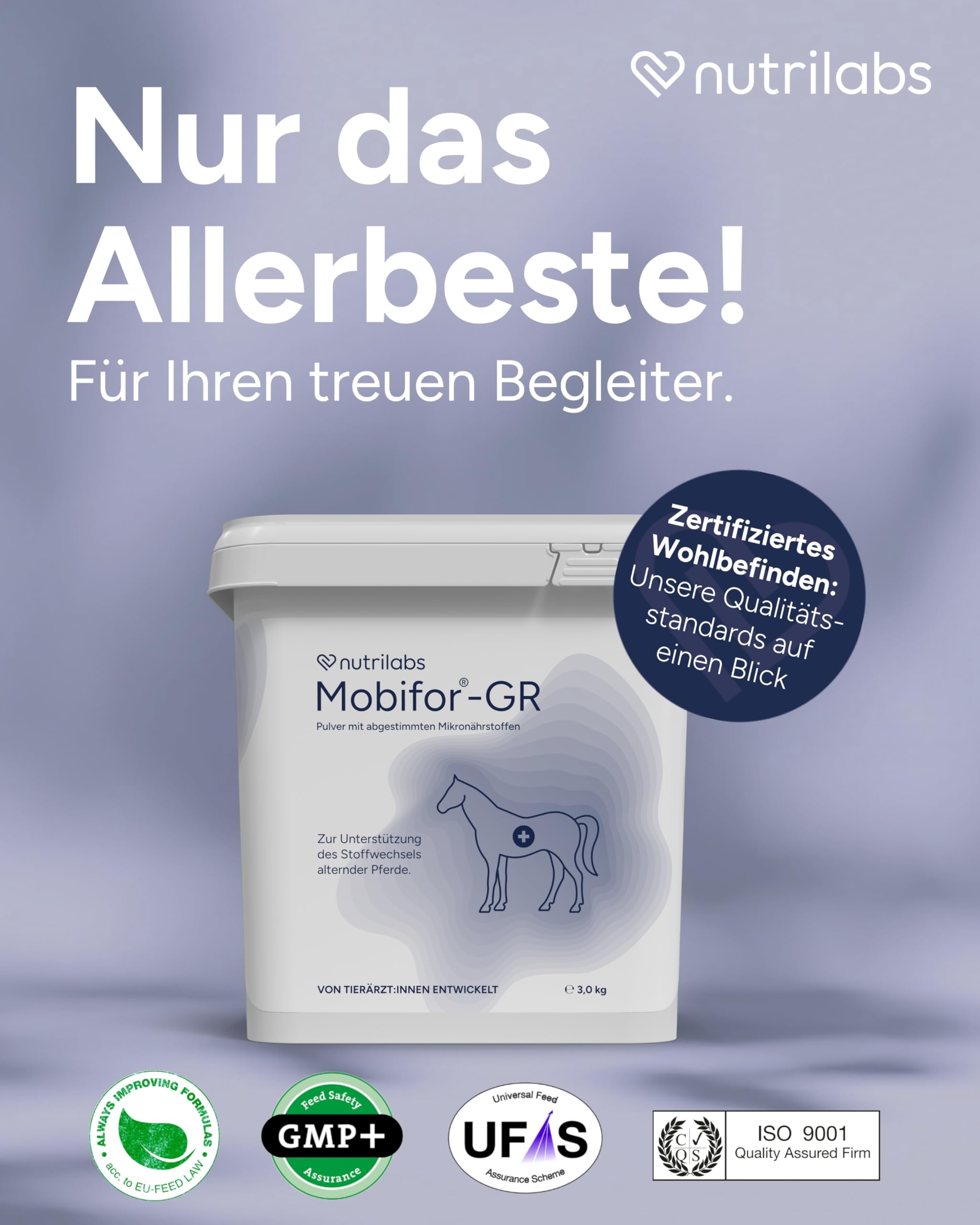 NutriLabs Mobifor®-GR Pulver für Senior-Pferde 3 kg - Nahrungsergänzung mit Ginkgo, Hefe, Bockshornklee usw. - MSM für Pferde - Ergänzungsmittel mit Glucosamin Pulver - Weißdorn Pferd