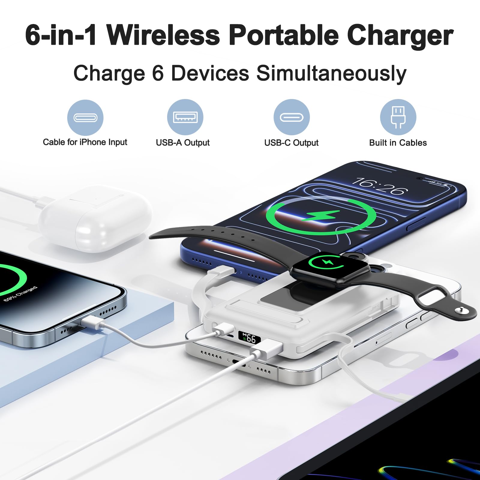 for Batterie Externe Iphone, 10000mAh Power Bank Magnétique Compatible avec MagSafe, Charge Rapide PD 20W avec 2 Câble et Support et Affichage LED, for iPhone 17-12 et Apple Watch Series(Blanc