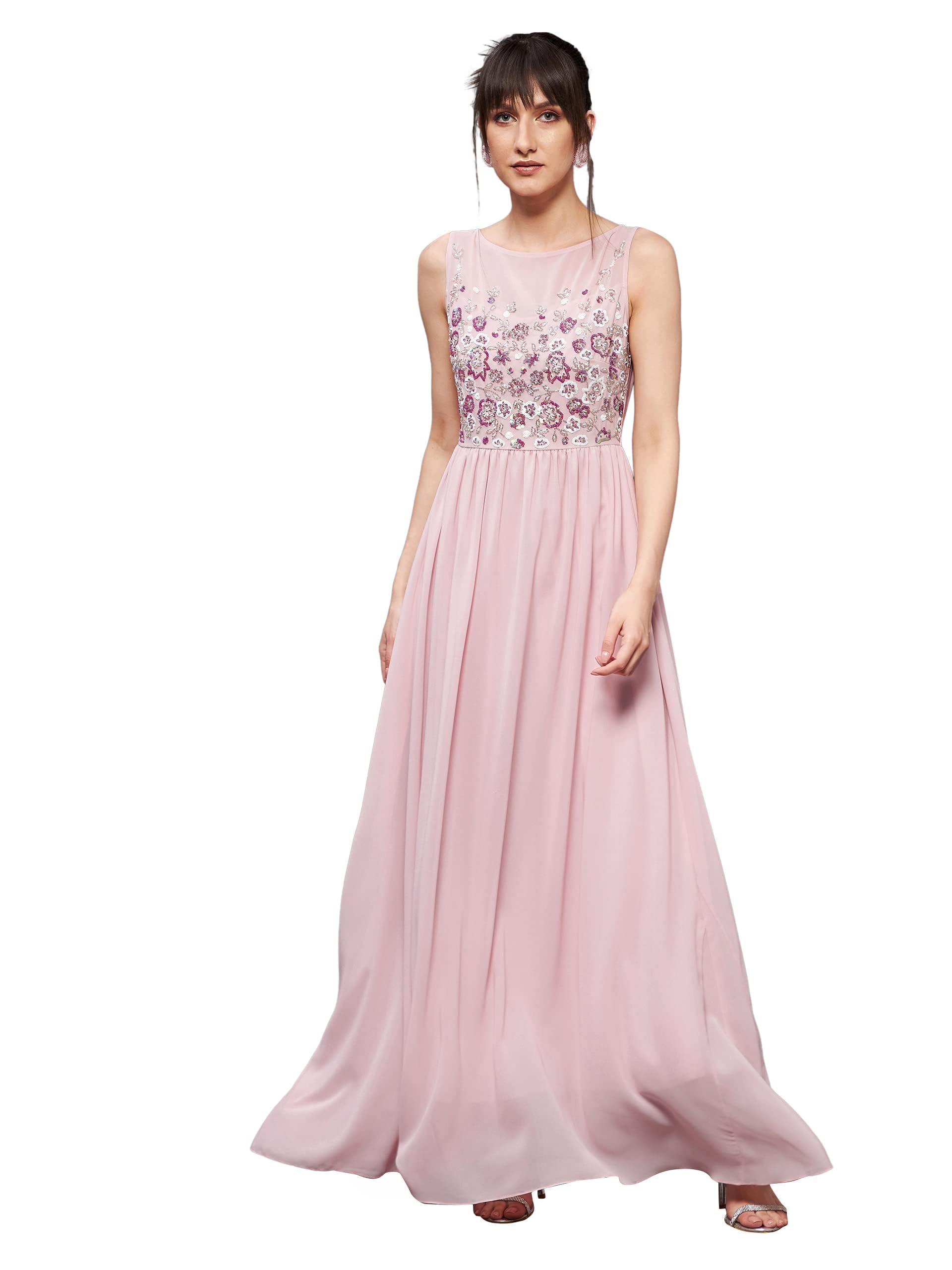 Miss Chase Women's Dusty Pink Boat Neck Sleeveless Embellished Gathered Regular Dress (Mcaw19D08-45-234-02, Dusty Pink, Xs)