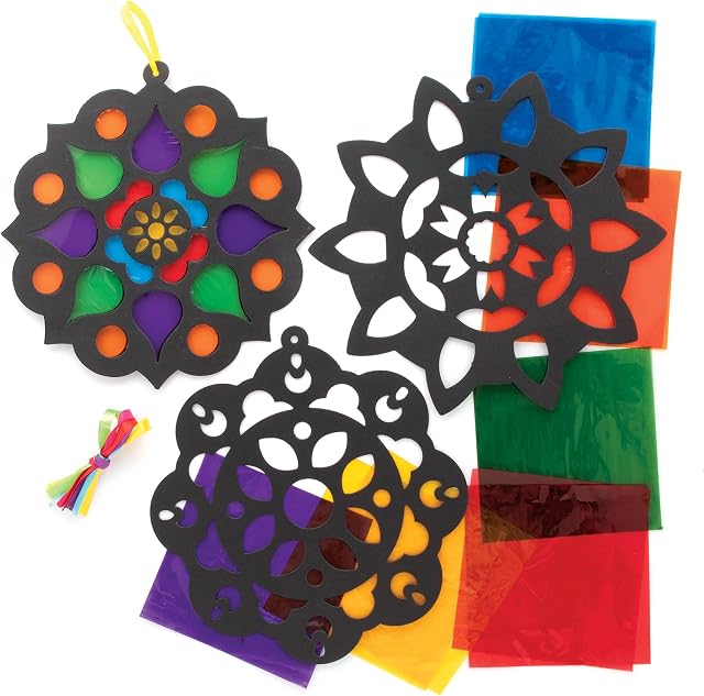 Baker Ross FE837 Rangoli Stained Glass Decoration Kits - Pack of 6, Stained Glass Effect for Children to Decorate and Display, Ideal Kids Arts and Crafts Project