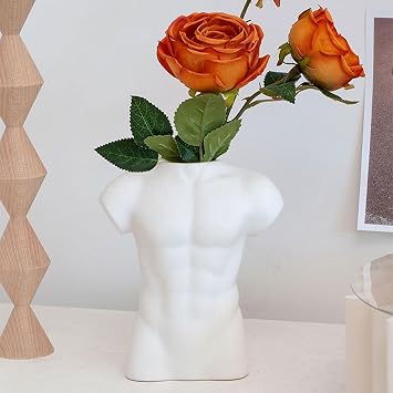 Derefine White Pottery Male Form Body Flower Vase Creative Nud e Man Statue Bust Art Vase for Flowers Modern White Vase Planter Pots for Boho Office Home Indoor Decoration