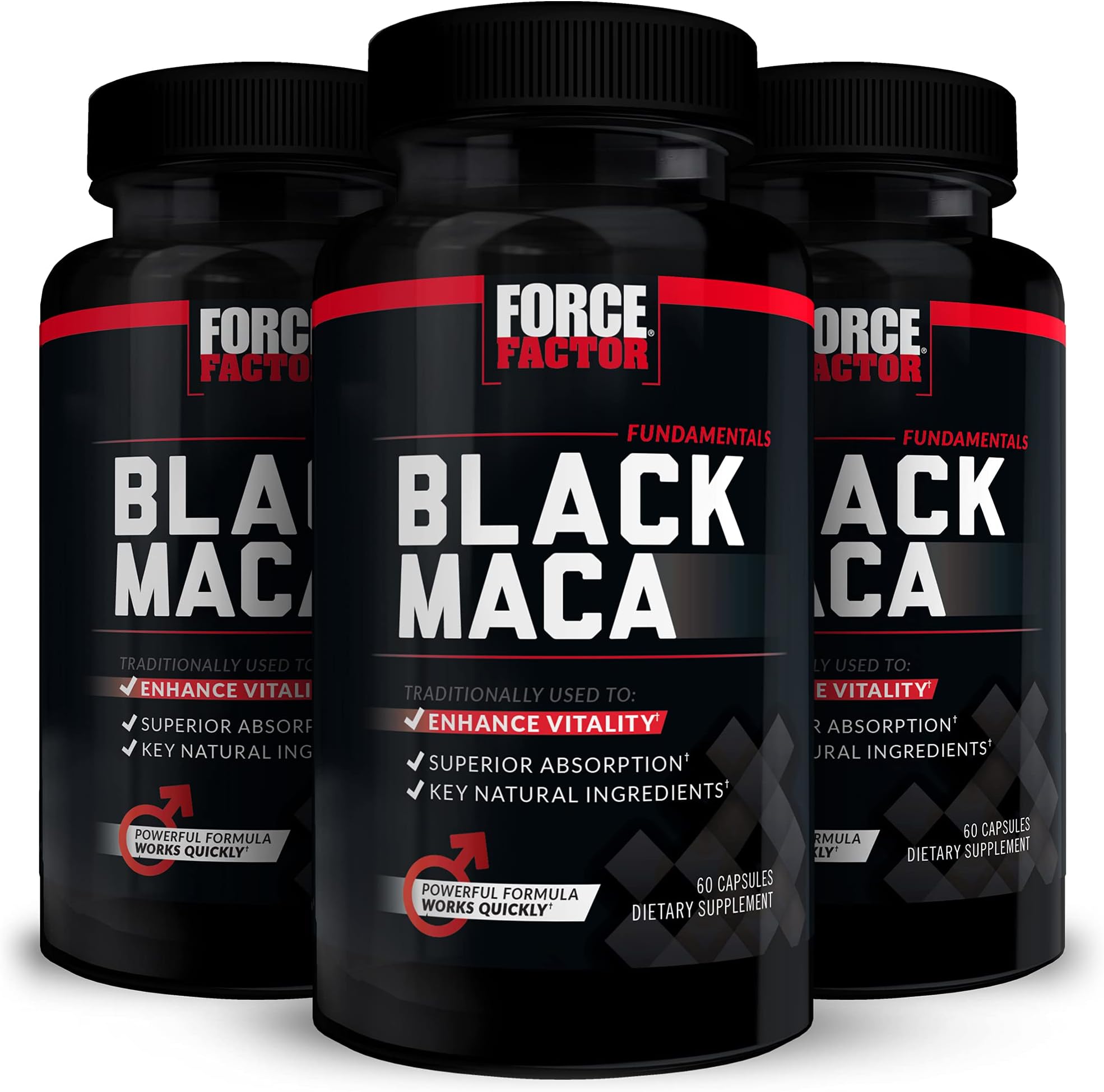 Force Factor Black Maca Root, 3-Pack, Vitality Supplement for Men with Superior Absorption and Power, Natural Maca Negra Extract, Fundamentals Series, 1000mg, 180 Capsules