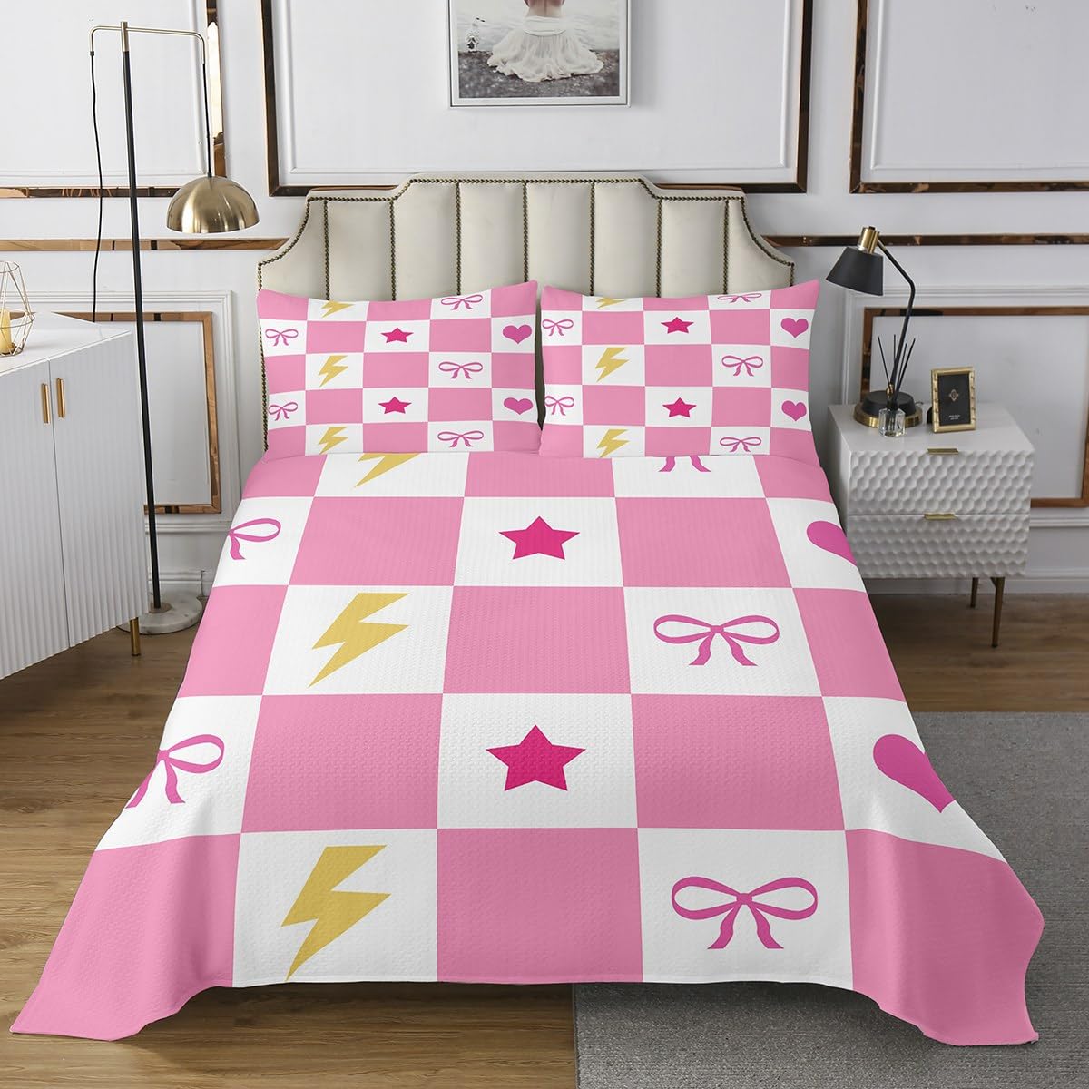 Castle Fairy Girly Pink White Grid Bedspread,Cartoon Star Bowknot Lightning Decor Bedding Sets for Kids Girls Teens,Romantic Heart Hippie Simple Coverlet Set with 1 Pillowcase,Twin Size 2 Pcs