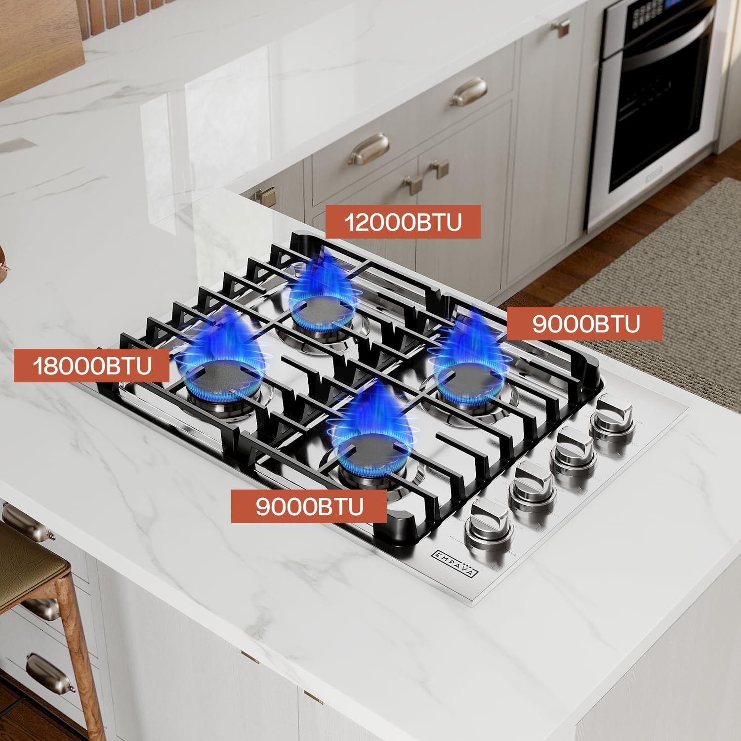 Empava 30" Built-in Gas Stove Cooktop with 4 Sealed Burners-LPG Convertible in Stainless Steel, 30 Inch